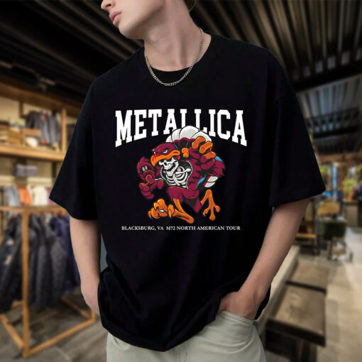 Metallica M72 2025 Skeleton Mascot HokieBird Two Sided T Shirt Blacksburg May 7 at Lane Stadium