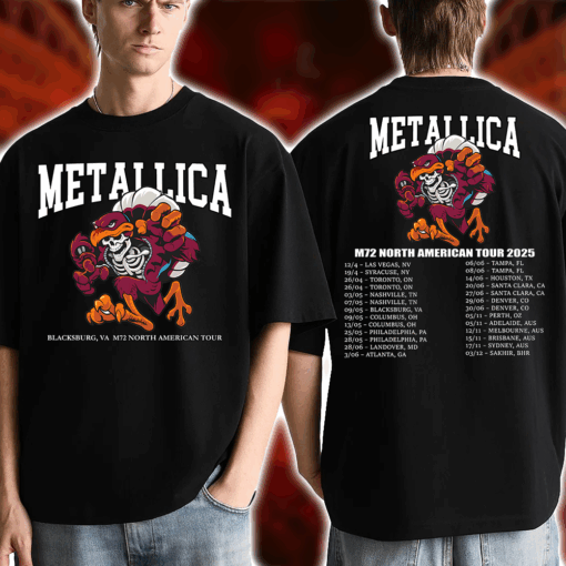 Metallica M72 2025 Skeleton Mascot HokieBird Two Sided T Shirt – Blacksburg May 7 at Lane Stadium Featuring Pantera & Suicidal Tendencies – Concert Tour Merch