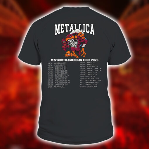 Metallica M72 2025 Skeleton Mascot HokieBird Two Sided T Shirt – Blacksburg Night 1 May 7 at Lane Stadium Featuring Pantera & Suicidal Tendencies – Concert Tour Merch 2