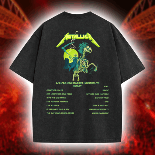Metallica M72 World Tour Vintage Washed T‑Shirt Tour Exclusive Merch Skull Flame Graphic Retro Style Houston June 14 2025 at NRG Stadium 2