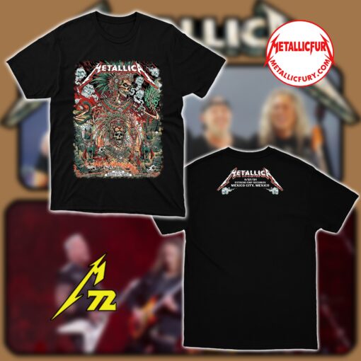 Flat lay of Metallica M72 World Tour 2024 Mexico City Night 3 T-Shirt exclusive tour merch
