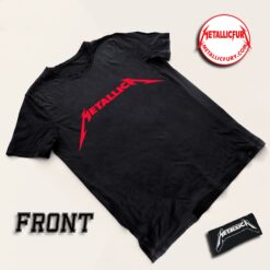 Close-up of Metallica red logo print on official band T-shirt