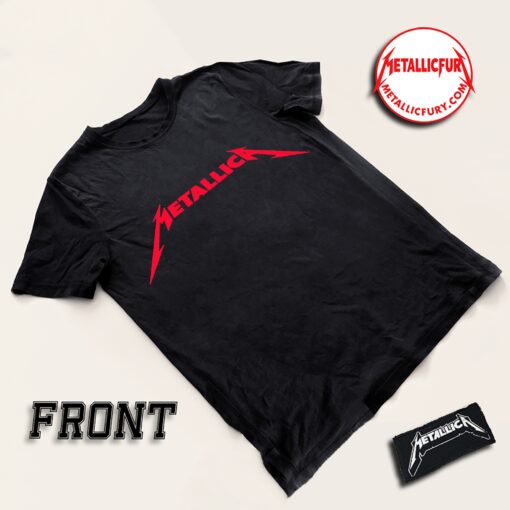 Close-up of Metallica red logo print on official band T-shirt