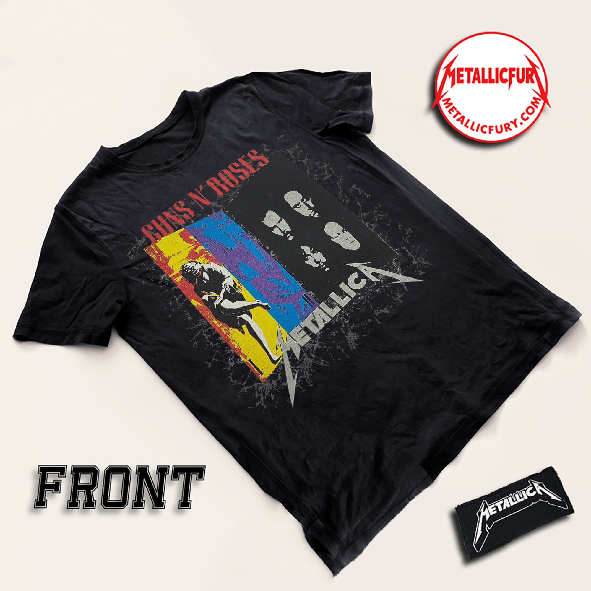 Front view of Metallica x Guns N’ Roses 1992 Tour T-Shirt – Classic Rock Collaboration Artwork