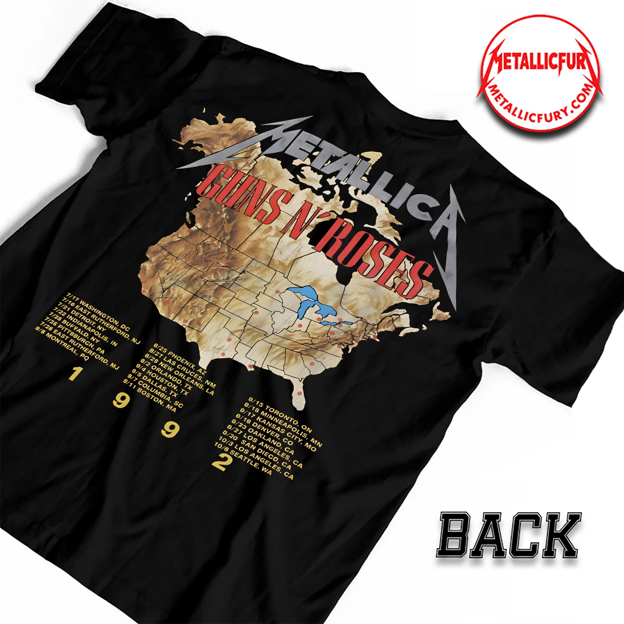 Back view of Metallica x Guns N’ Roses 1992 Tour T-Shirt – Classic Rock Collaboration Artwork