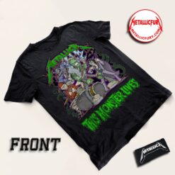 Front view of Metallica Happy Halloween 2025 T-Shirt – 'This Monster Lives' Artwork – Metalli-Monsters Collection by Squindo – Official Event Design