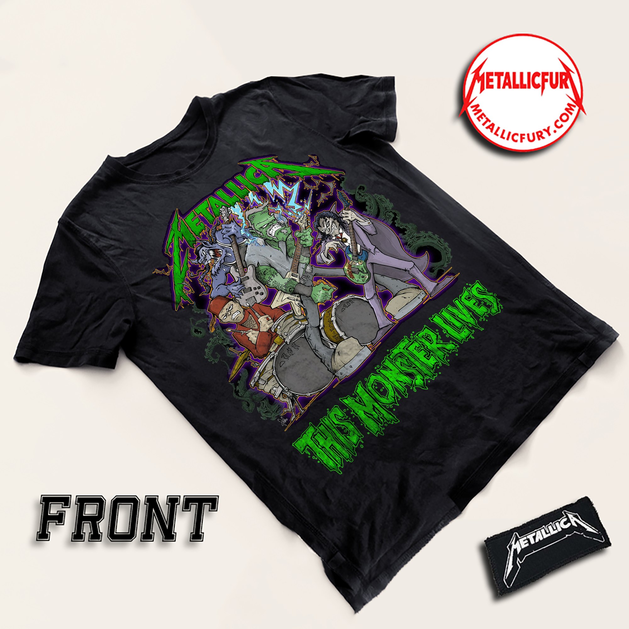 Front view of Metallica Happy Halloween 2025 T-Shirt – 'This Monster Lives' Artwork – Metalli-Monsters Collection by Squindo – Official Event Design