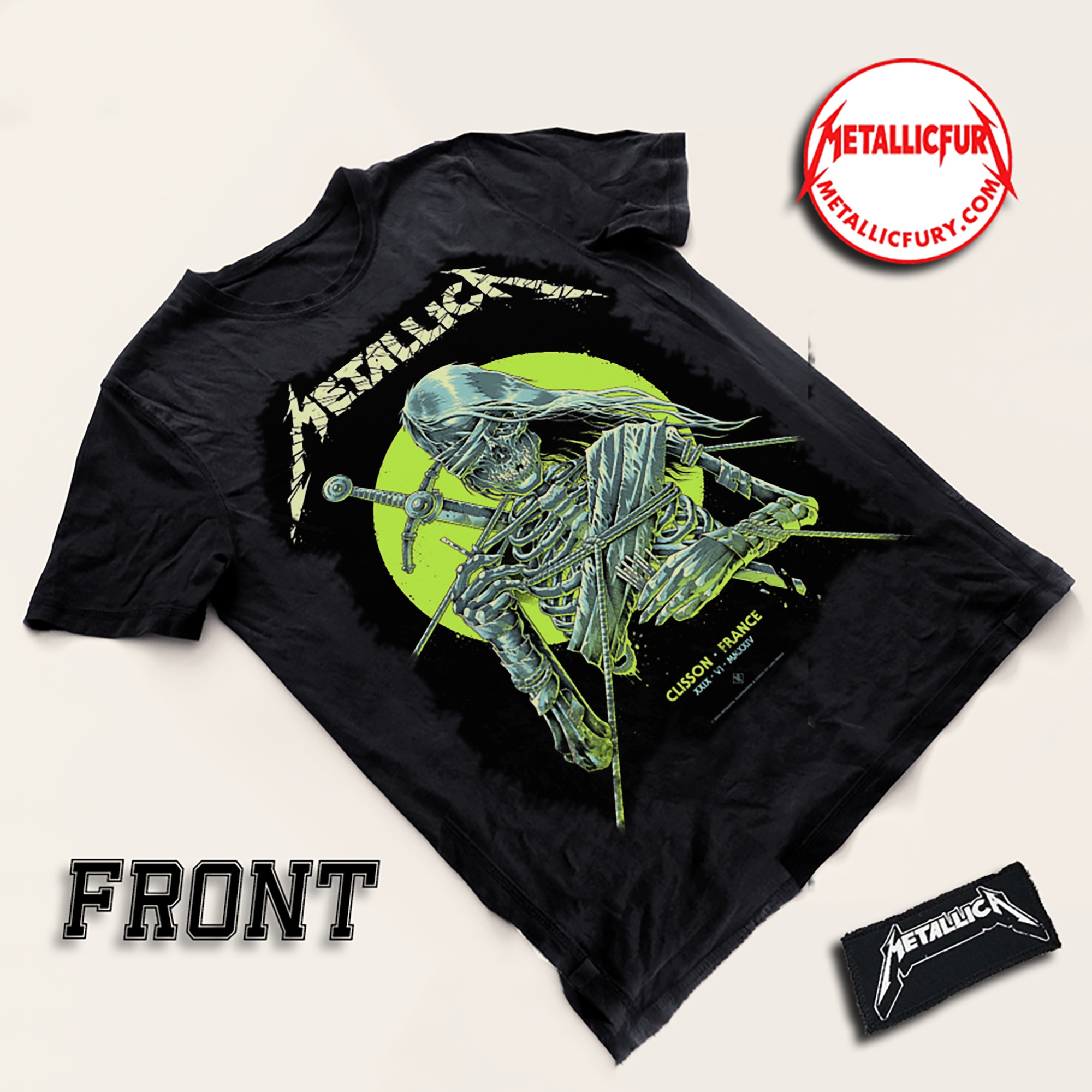 Front view of Metallica M72 Clisson 2024 T-Shirt – June 29, 2024 – Hellfest at Val de Moine, France – Official Festival Event Artwork