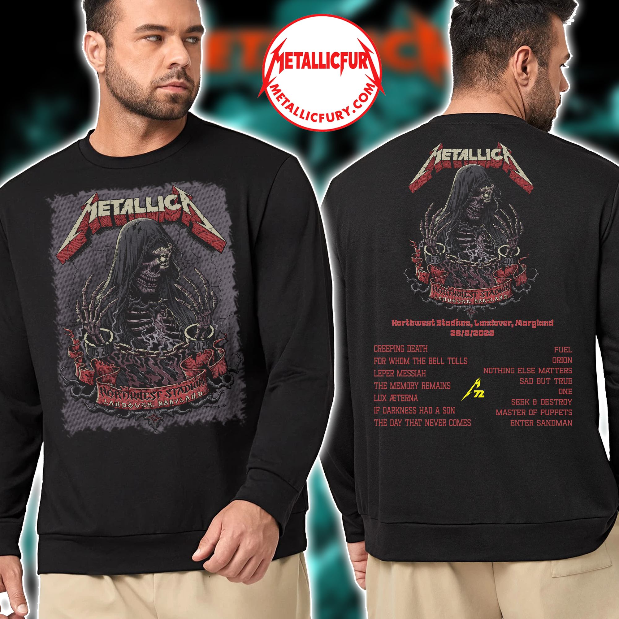 Metallica M72 Landover 2025 Sweater – May 28 2025 – Northwest Stadium – Chained Skeleton Artwork