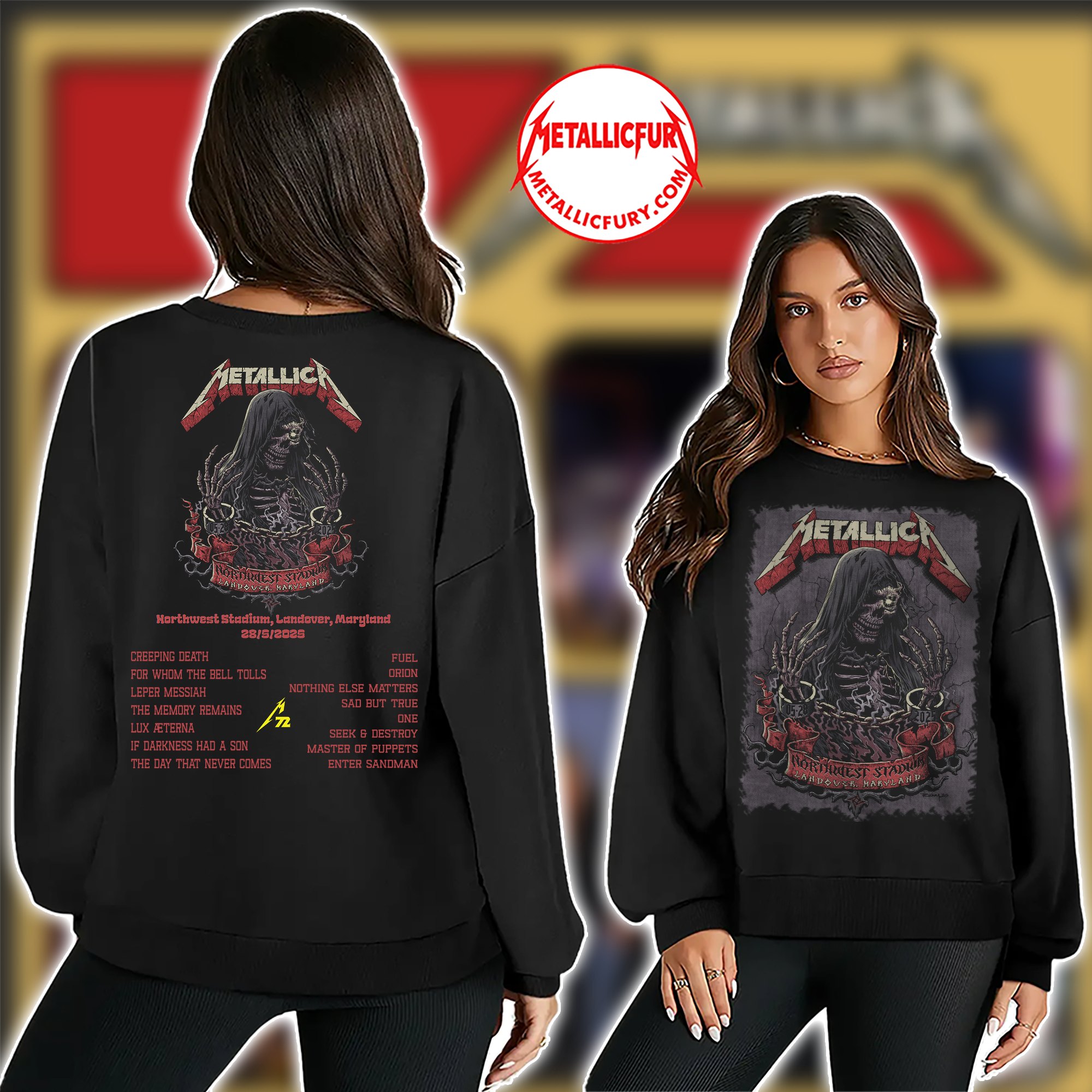 Metallica M72 Landover 2025 Sweater – May 28 2025 – Northwest Stadium – Chained Skeleton Artwork