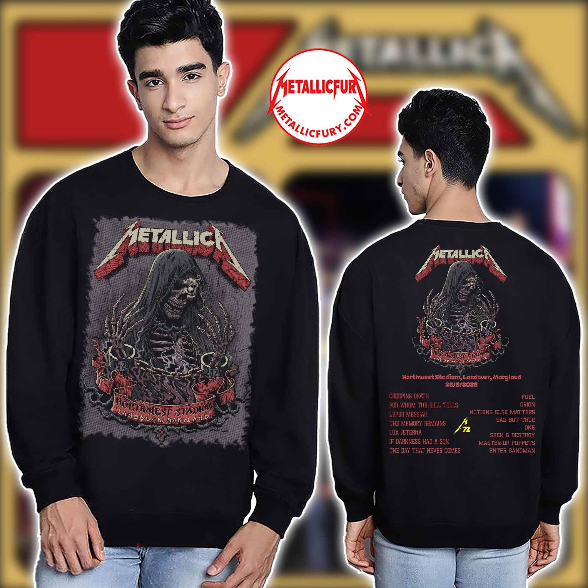 Metallica M72 Landover 2025 Sweater – May 28 2025 – Northwest Stadium – Chained Skeleton Artwork
