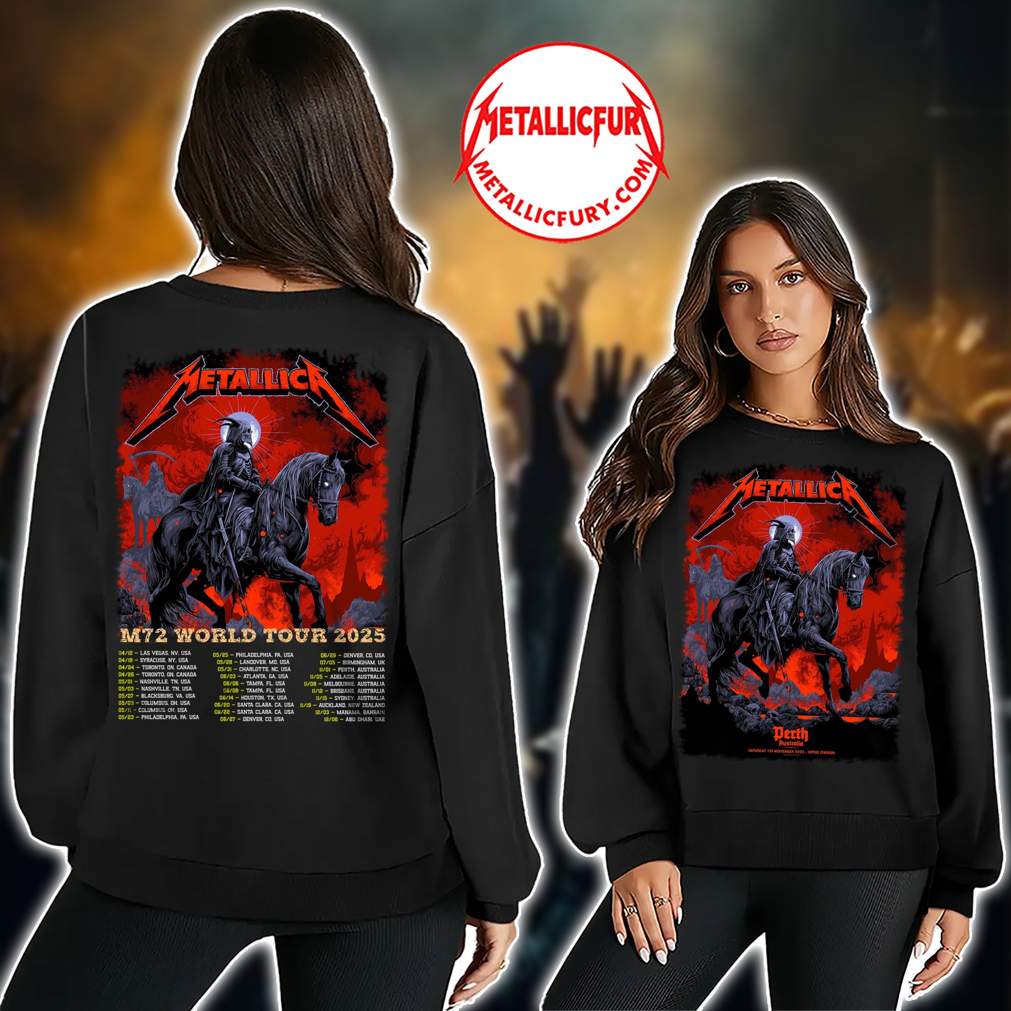Metallica M72 Perth 2025 Sweater – November 1, 2025 – Optus Stadium, Australia – Death Rider Artwork