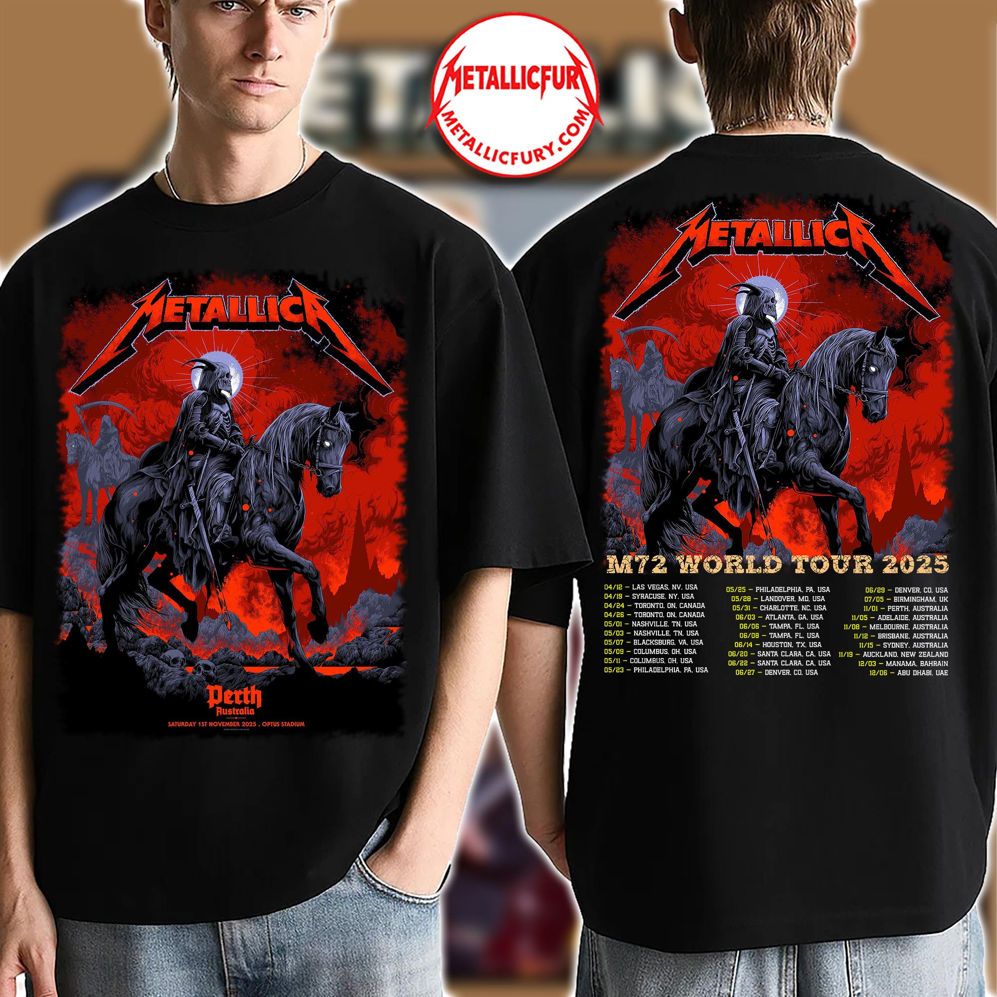 Metallica M72 Perth 2025 Two-Sided T-Shirt – November 1, 2025 – Optus Stadium, Australia – Death Rider Artwork – Official Event Design
