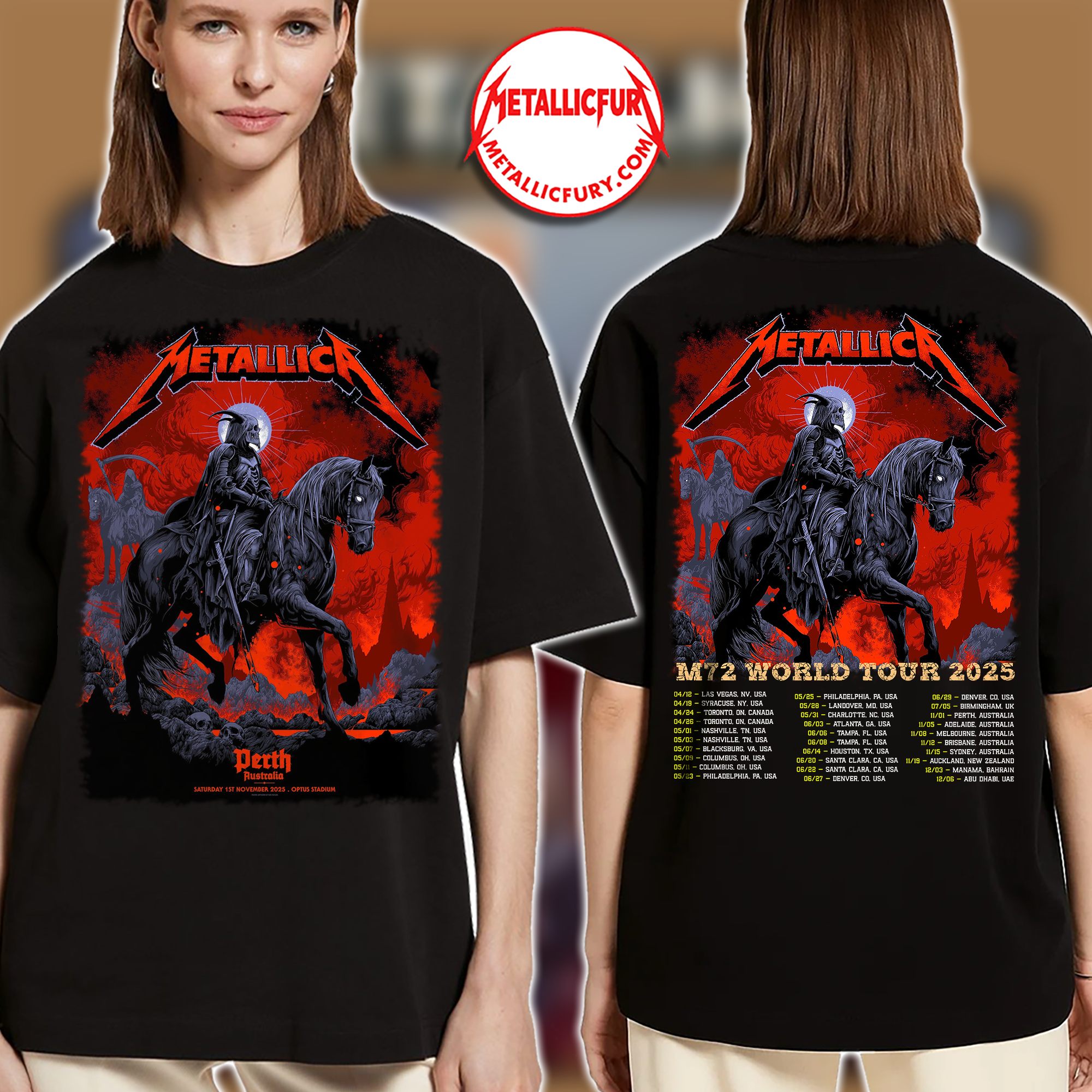 Metallica M72 Perth 2025 Two-Sided T-Shirt – November 1, 2025 – Optus Stadium, Australia – Death Rider Artwork – Official Event Design