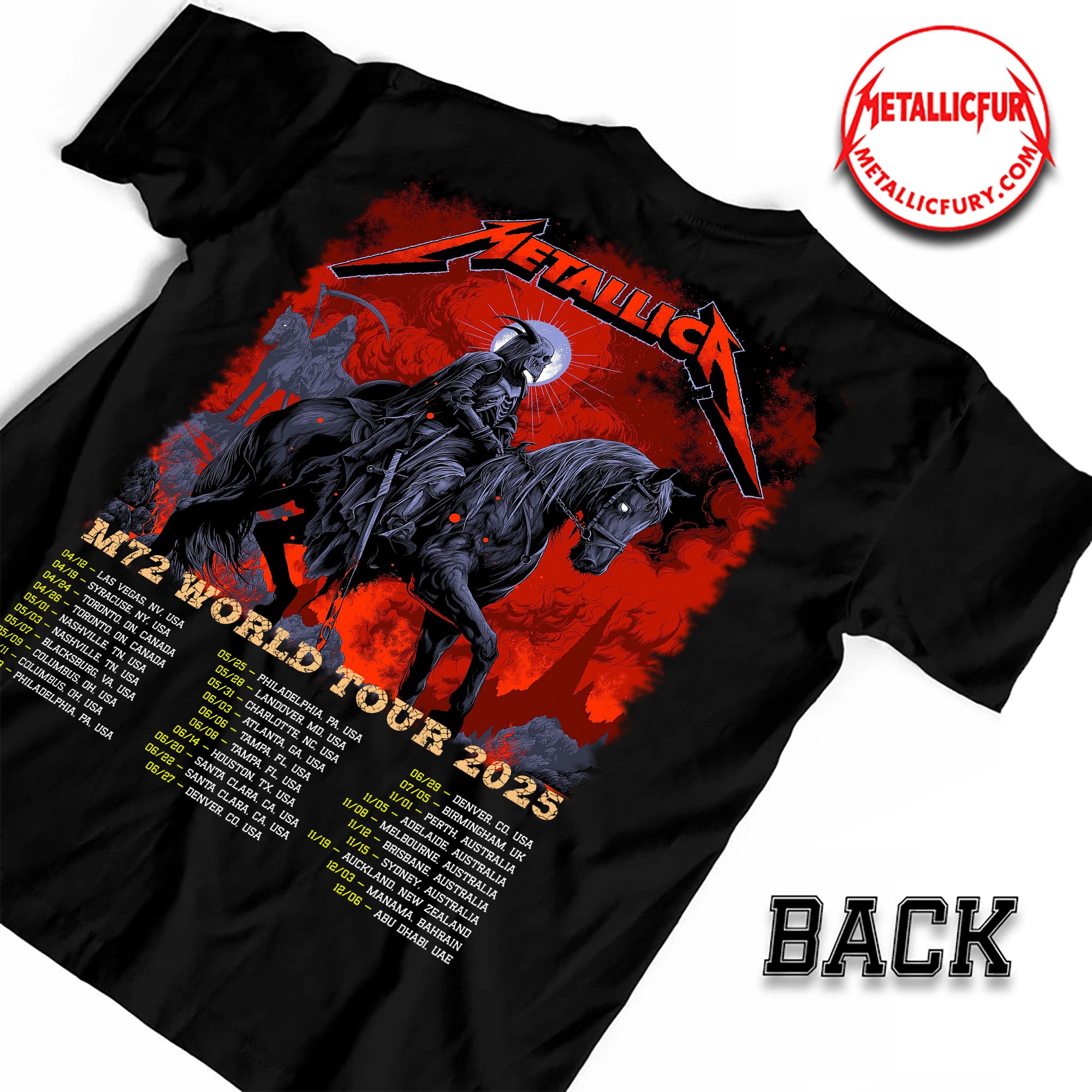 Back view of Metallica M72 Perth 2025 T-Shirt – November 1, 2025 – Optus Stadium, Australia