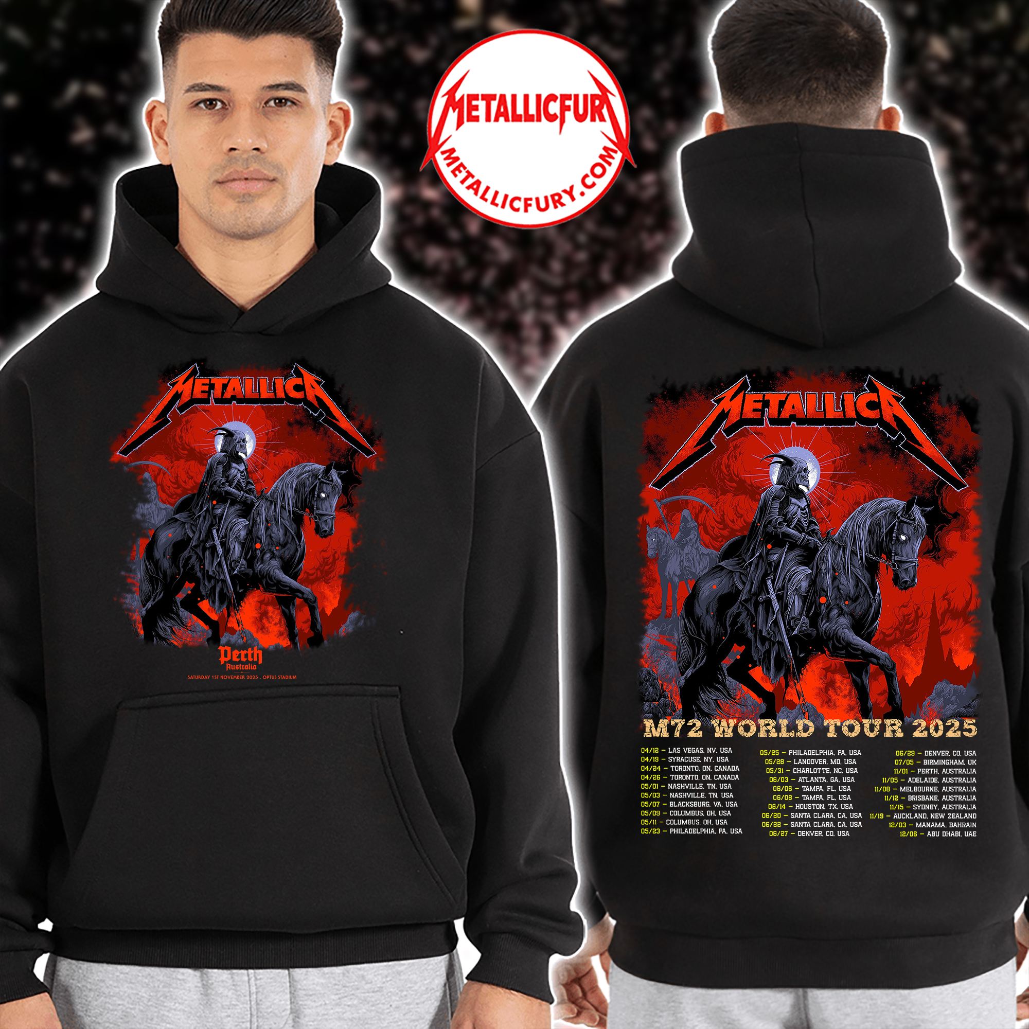 Metallica M72 Tour 2025 Hoodie – Perth, Australia – November 1, 2025 – Optus Stadium Tour Edition