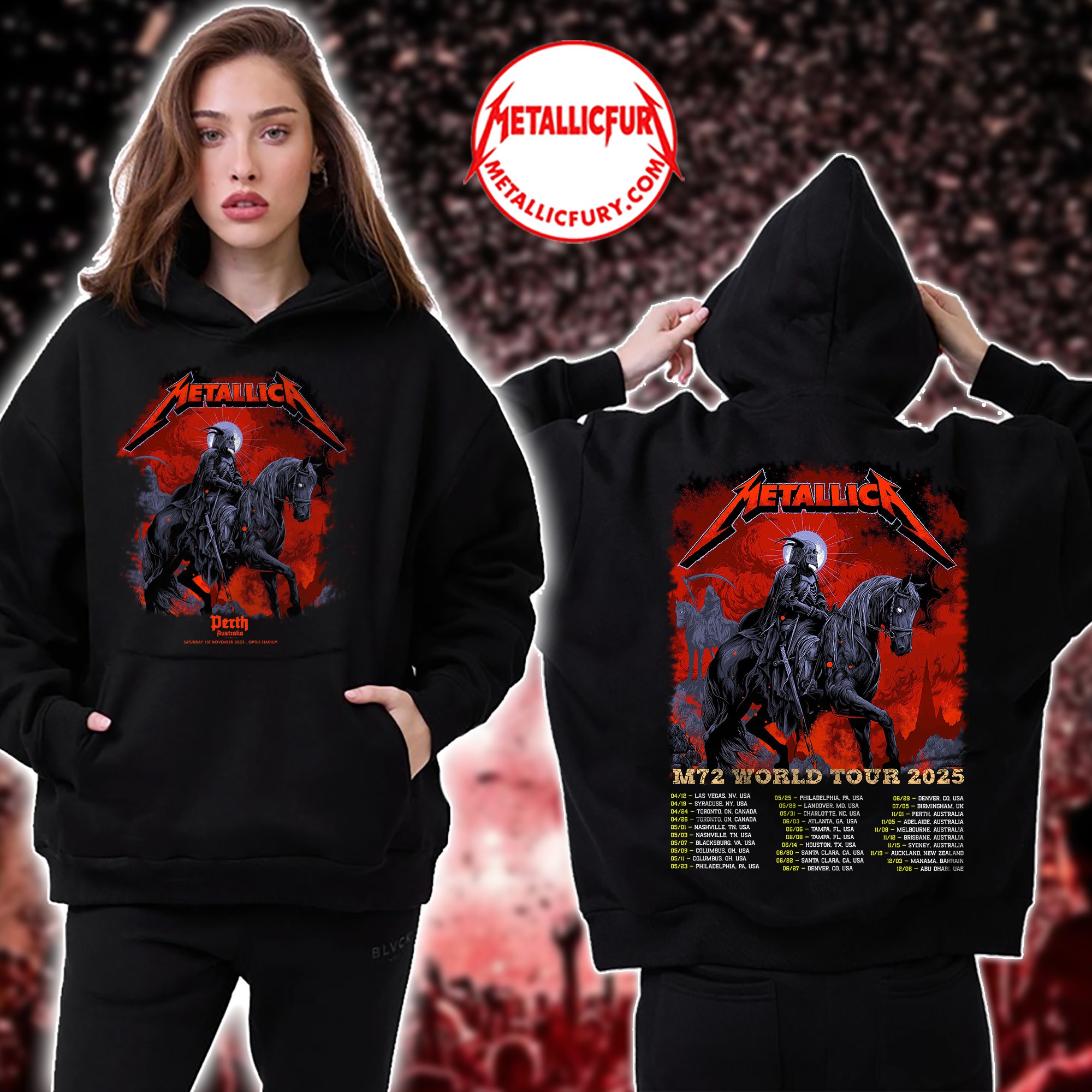 Metallica M72 Tour 2025 Hoodie – Perth, Australia – November 1, 2025 – Optus Stadium Tour Edition