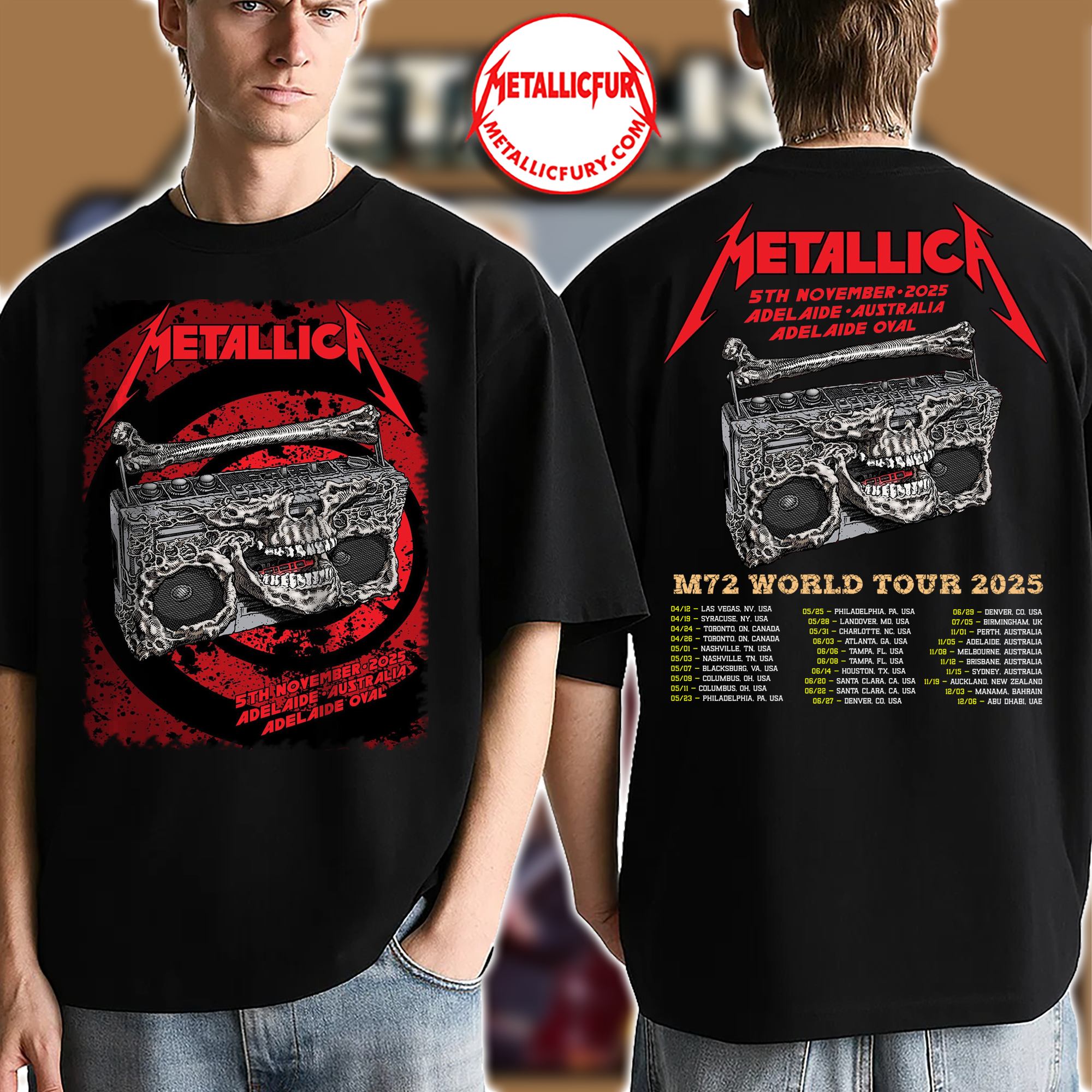 Metallica M72 Adelaide 2025 Two-Sided T-Shirt – Artwork by Glenno Smith – Adelaide Oval, Australia – November 5, 2025