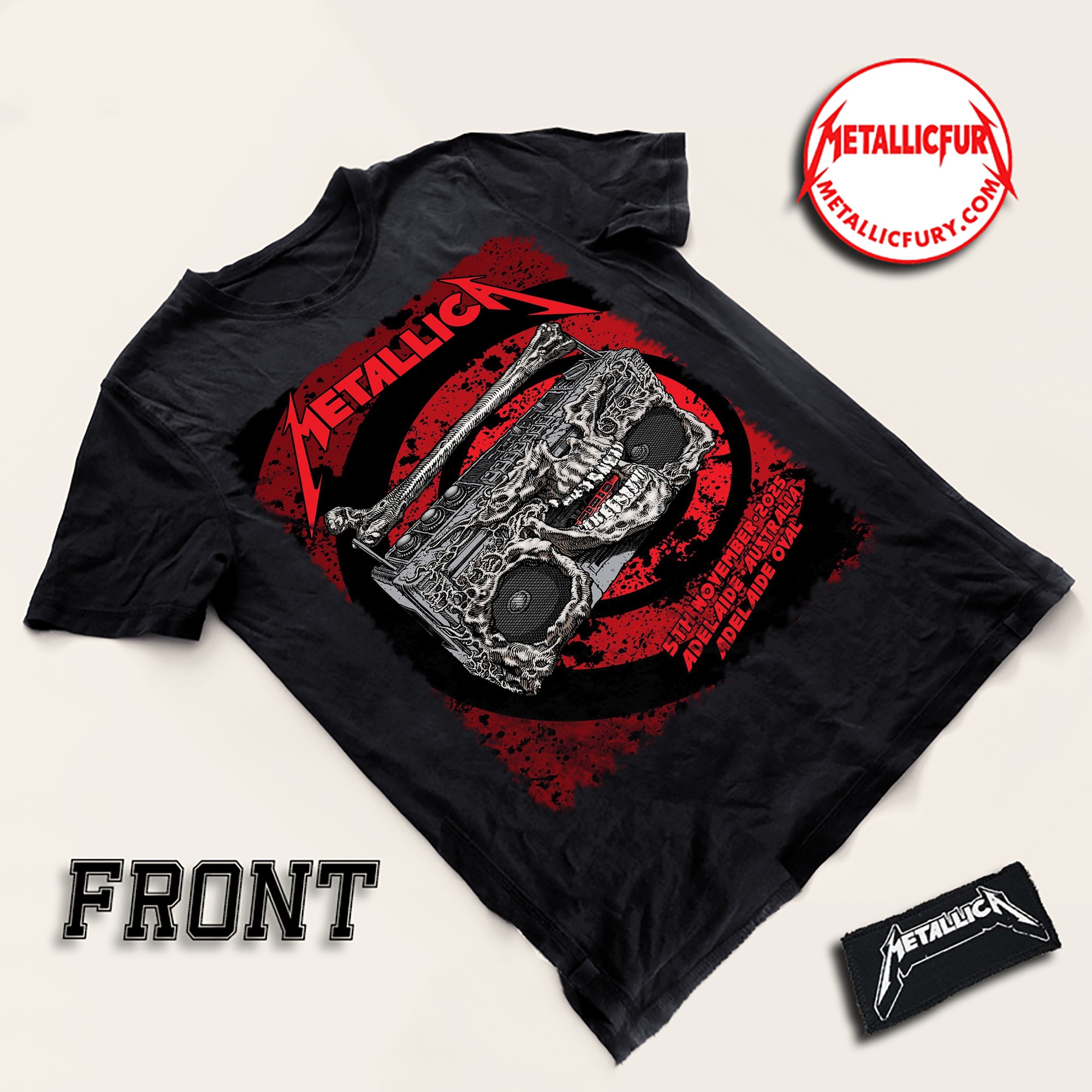 Front view of Metallica M72 Adelaide 2025 Two-Sided T-Shirt – Artwork by Glenno Smith – Adelaide Oval, Australia – November 5, 2025