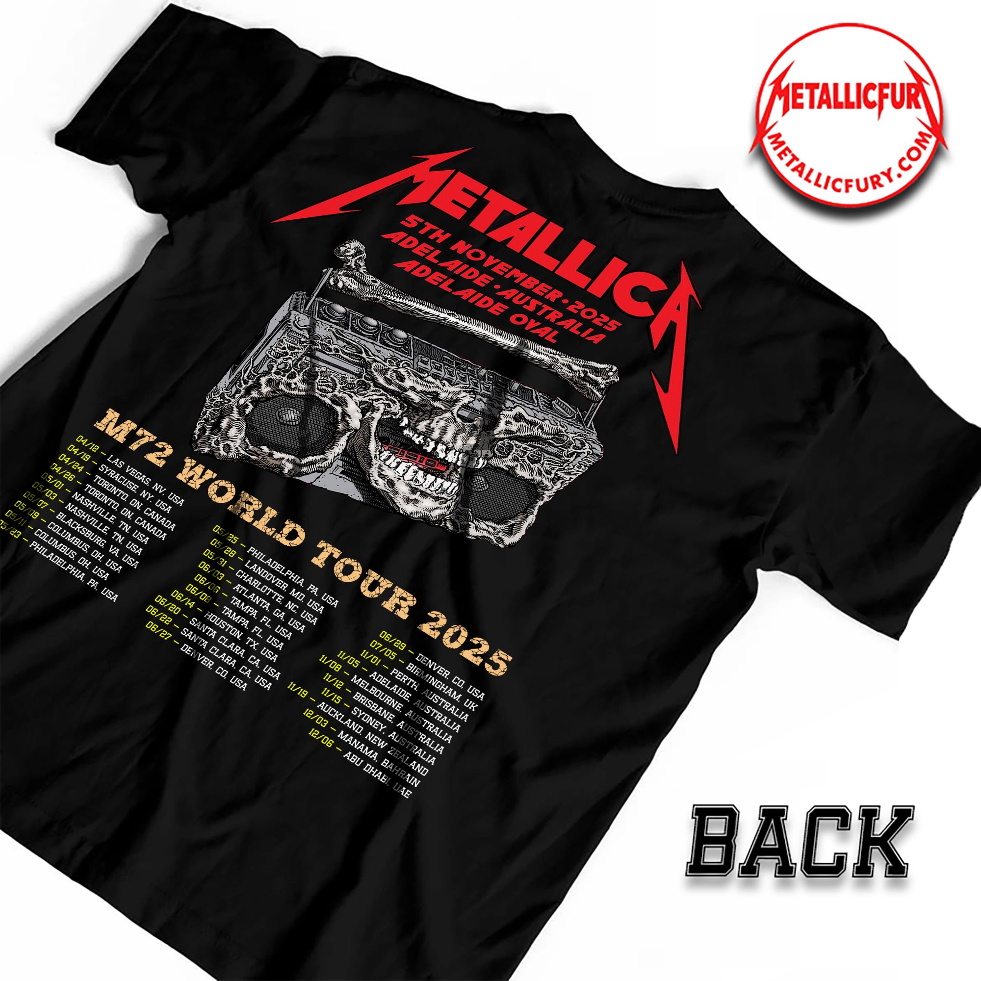 Back view of Metallica M72 Adelaide 2025 Two-Sided T-Shirt – Artwork by Glenno Smith – Adelaide Oval, Australia – November 5, 2025