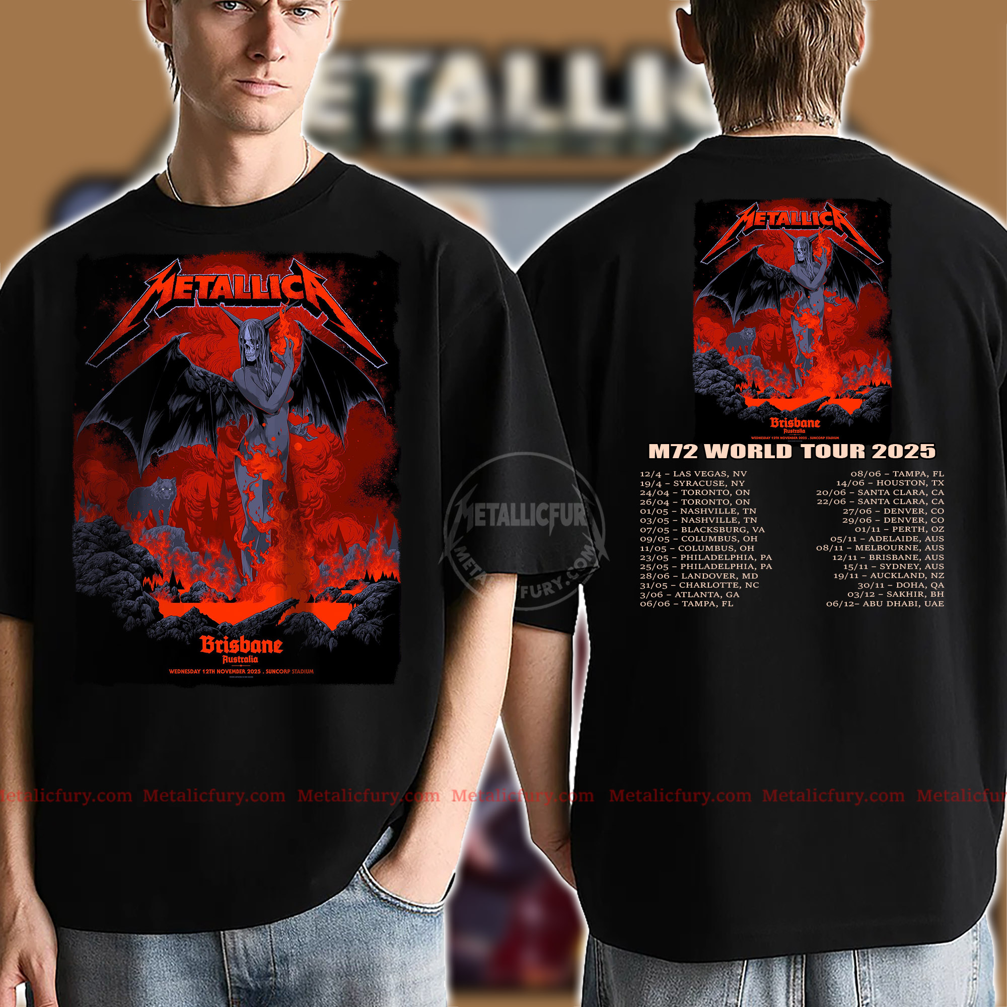 Metallica M72 Brisbane 2025 T-Shirt – November 12, 2025 – Suncorp Stadium, Australia – Artwork by Ken Taylor – Tour Merch