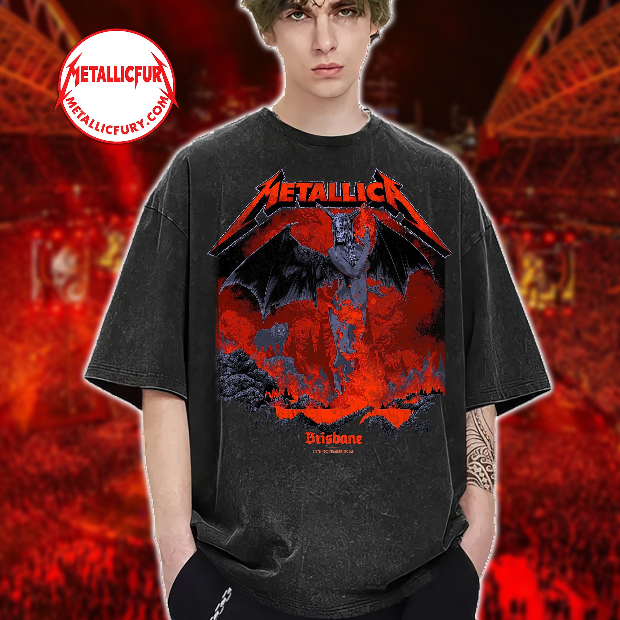 Metallica M72 Brisbane 2025 Washed T Shirt November 12 2025 Suncorp Stadium Australia Artwork by Ken Taylor