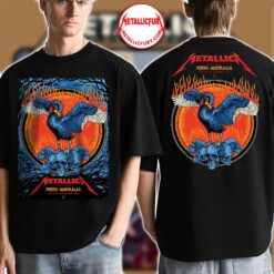Metallica M72 Perth 2025 Two-Sided T-Shirt – November 1, 2025 – Optus Stadium, Australia – Artwork by Ben Brown featuring Black Swan and Skulls Design