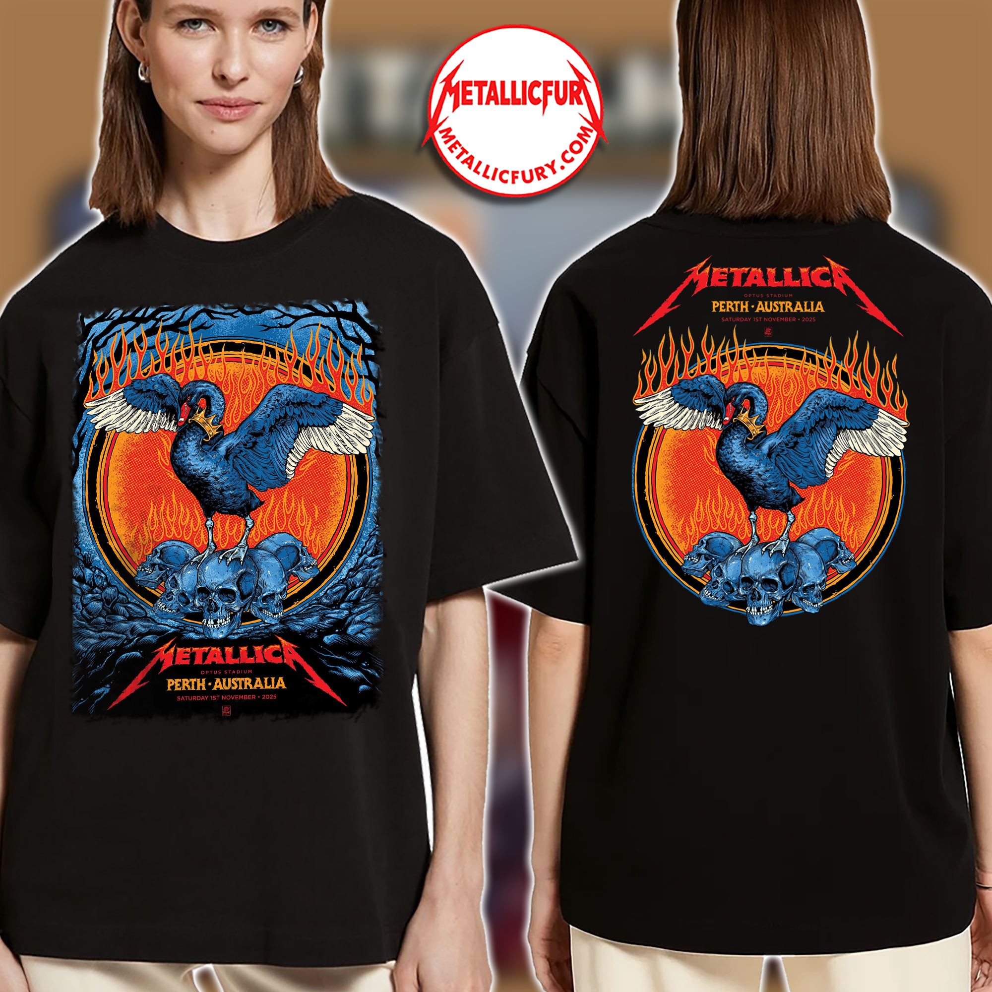 Metallica M72 Perth 2025 Two-Sided T-Shirt – November 1, 2025 – Optus Stadium, Australia – Artwork by Ben Brown featuring Black Swan and Skulls Design