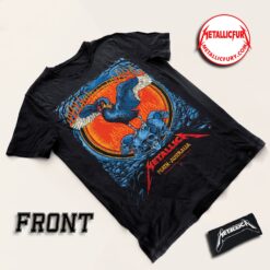 Front view of Metallica M72 Perth 2025 Two-Sided T-Shirt – November 1, 2025 – Optus Stadium, Australia – Artwork by Ben Brown featuring Black Swan and Skulls Design