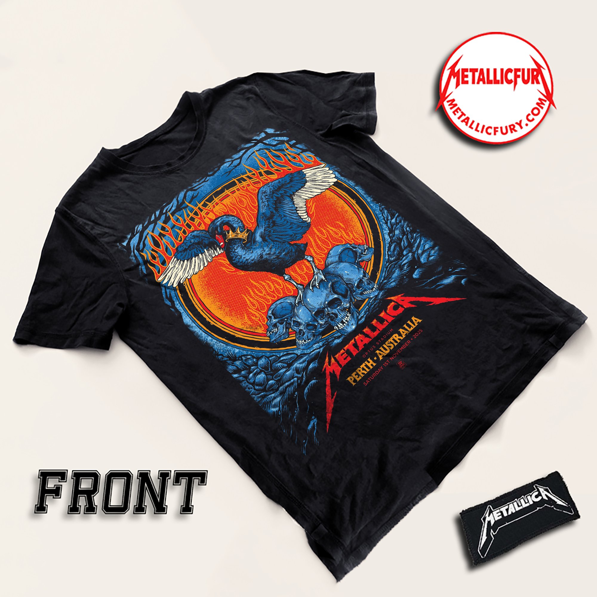 Front view of Metallica M72 Perth 2025 Two-Sided T-Shirt – November 1, 2025 – Optus Stadium, Australia – Artwork by Ben Brown featuring Black Swan and Skulls Design