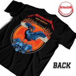 Back view of Metallica M72 Perth 2025 Two-Sided T-Shirt – November 1, 2025 – Optus Stadium, Australia – Artwork by Ben Brown featuring Black Swan and Skulls Design