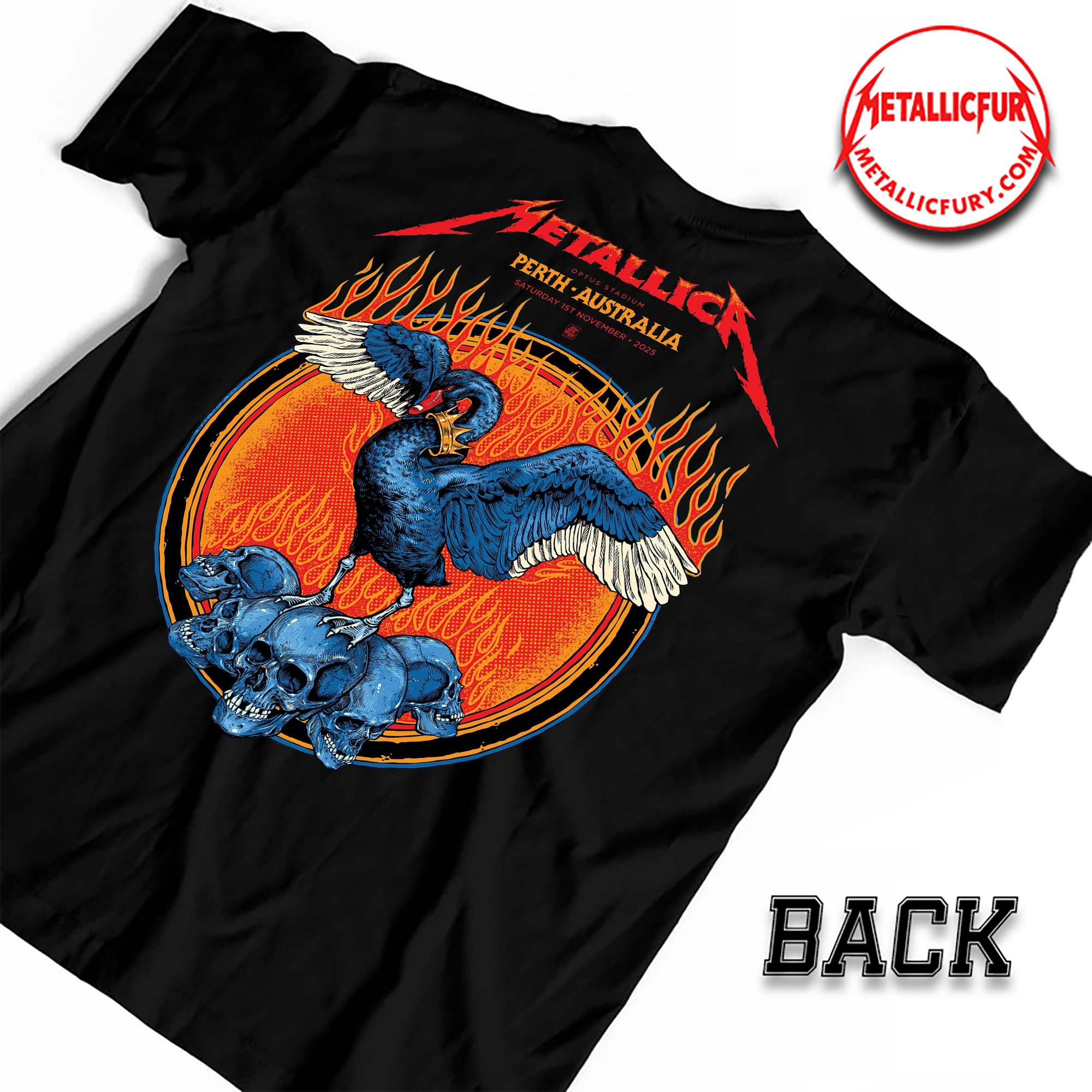 Back view of Metallica M72 Perth 2025 Two-Sided T-Shirt – November 1, 2025 – Optus Stadium, Australia – Artwork by Ben Brown featuring Black Swan and Skulls Design