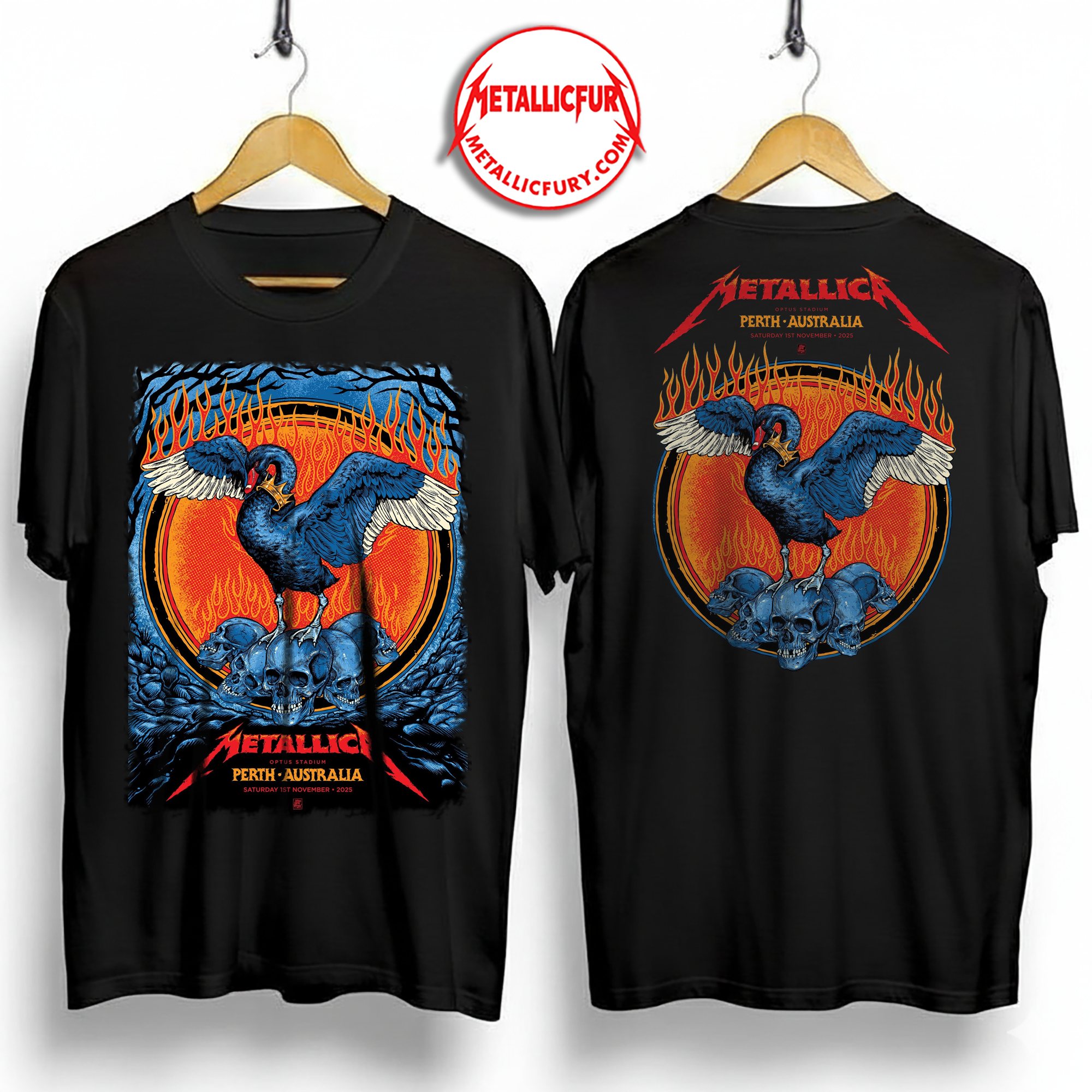 Metallica M72 Perth 2025 Two-Sided T-Shirt – November 1, 2025 – Optus Stadium, Australia – Artwork by Ben Brown featuring Black Swan and Skulls Design