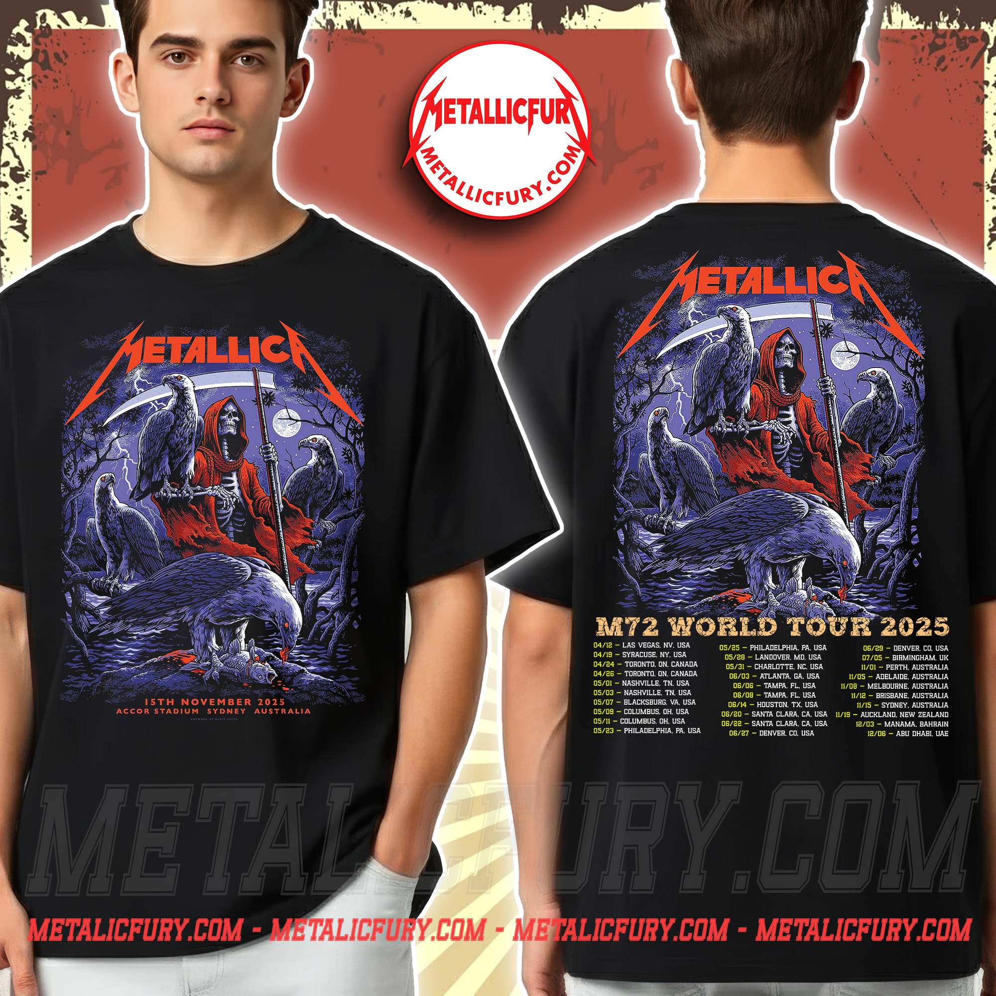 Metallica M72 Sydney T-Shirt – November 15, 2025 – Accor Stadium, Australia – Artwork by Blair Sayer