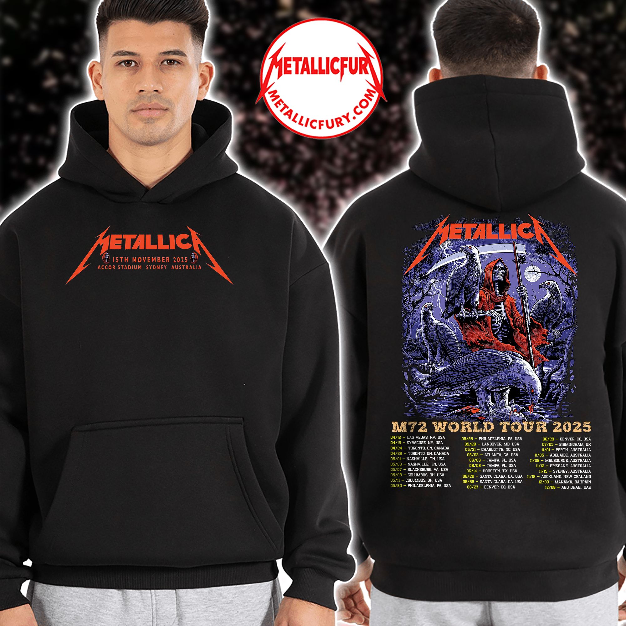Metallica M72 Tour 2025 Hoodie – Sydney, Australia – November 15, 2025 – Artwork by Blair Sayer – Accor Stadium