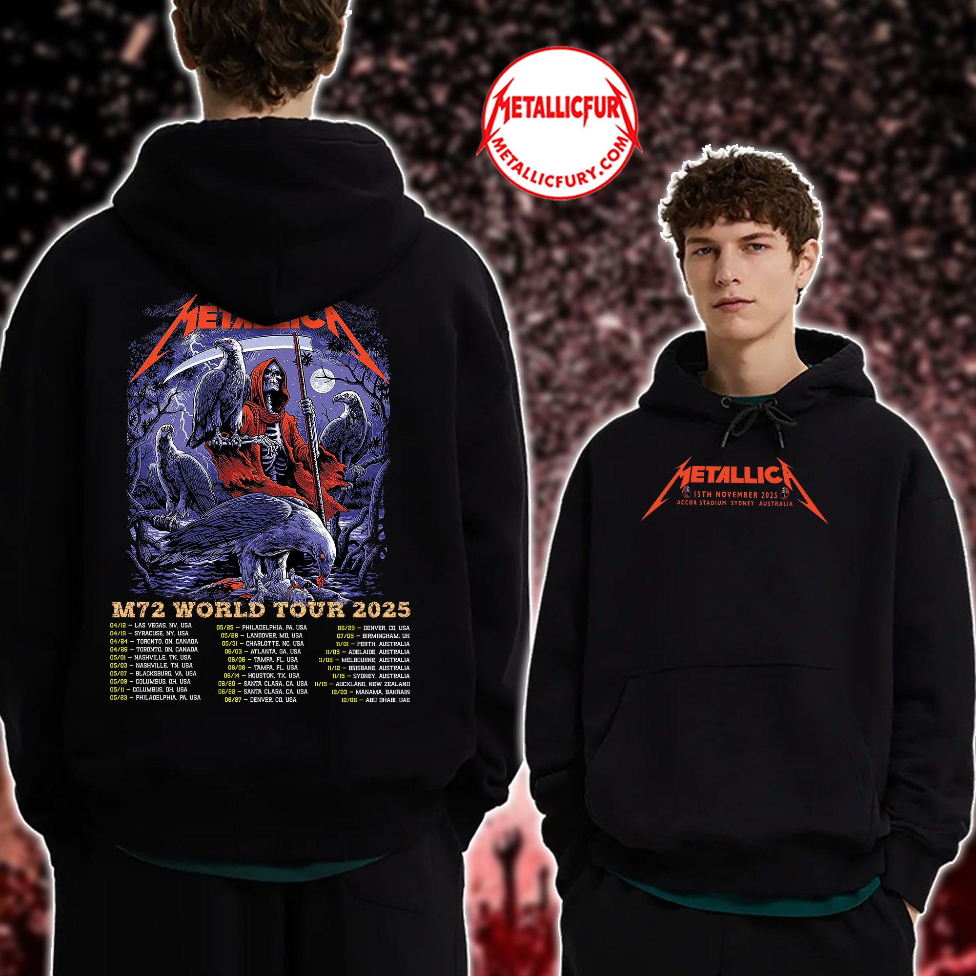 Metallica M72 Tour 2025 Hoodie – Sydney, Australia – November 15, 2025 – Artwork by Blair Sayer – Accor Stadium