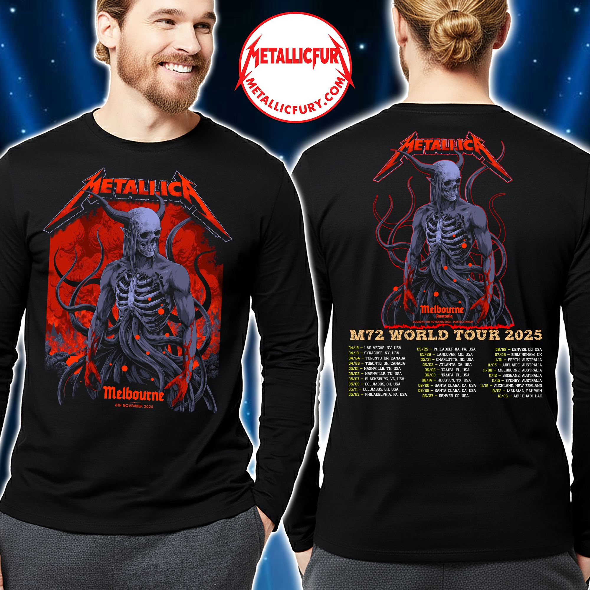 Metallica M72 Tour 2025 Long Sleeve Shirt – Melbourne, Australia – November 8, 2025 – Artwork by Ken Taylor – Marvel Stadium