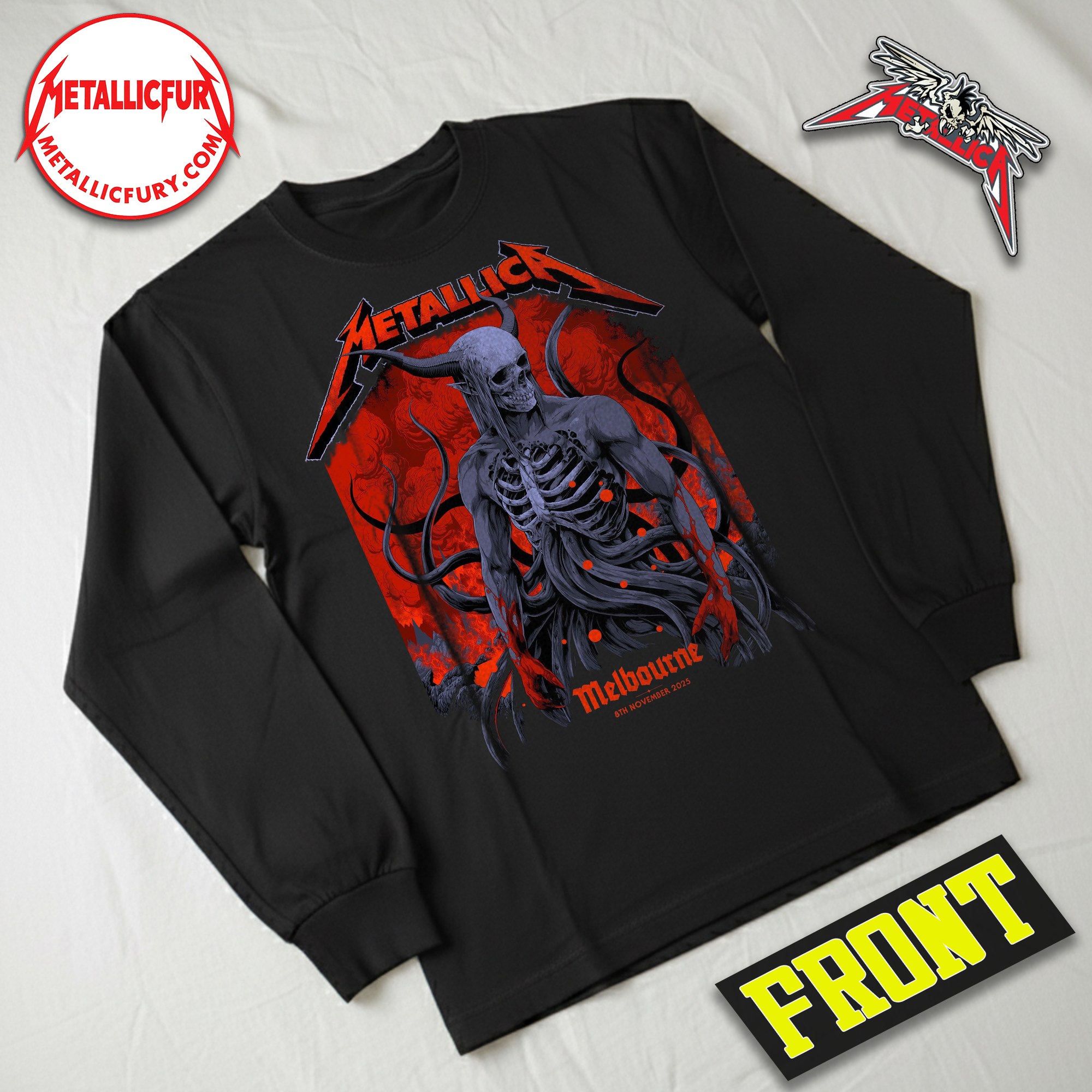 Front view of Metallica M72 Tour 2025 Long Sleeve Shirt – Melbourne, Australia – November 8, 2025 – Artwork by Ken Taylor – Marvel Stadium
