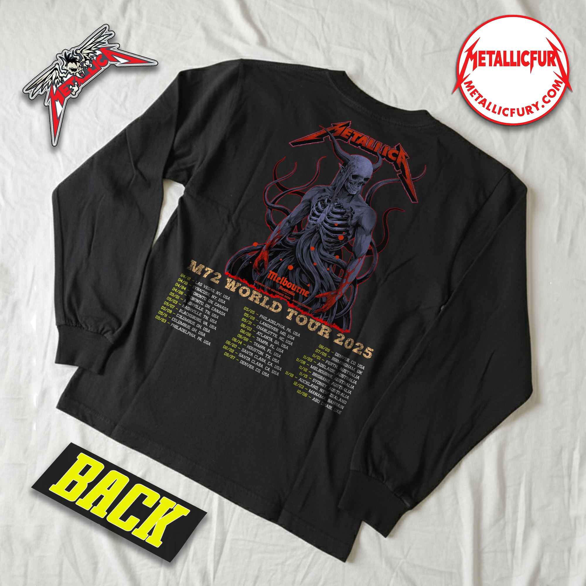 Back view of Metallica M72 Tour 2025 Long Sleeve Shirt – Melbourne, Australia – November 8, 2025 – Artwork by Ken Taylor – Marvel Stadium