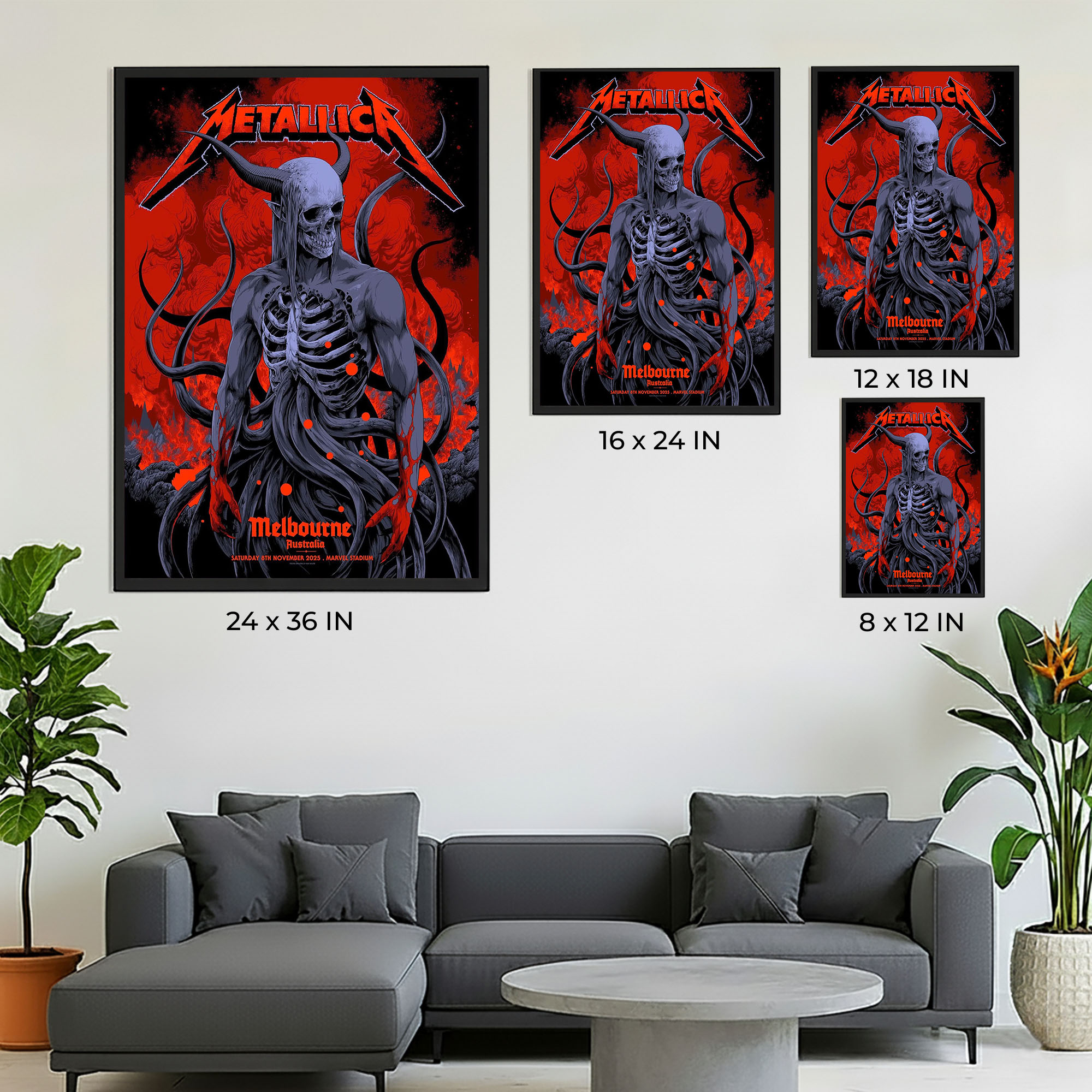 Metallica M72 Tour 2025 Poster – Melbourne, Australia – November 8, 2025 – Skeletal Demon Artwork by Ken Taylor – Marvel Stadium – Canvas Home Decor 2