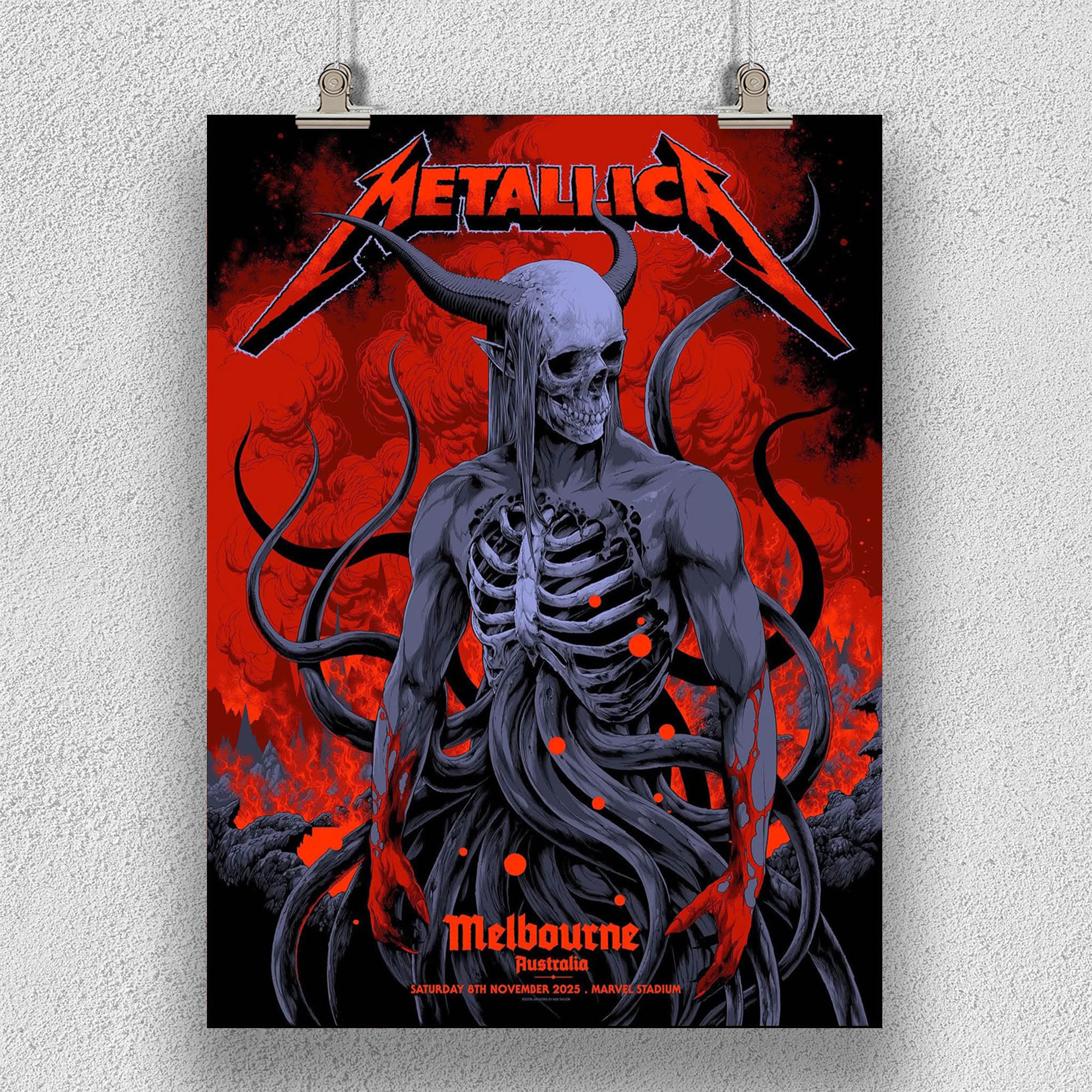 Metallica M72 Tour 2025 Poster – Melbourne, Australia – November 8, 2025 – Skeletal Demon Artwork by Ken Taylor – Marvel Stadium – Canvas Home Decor