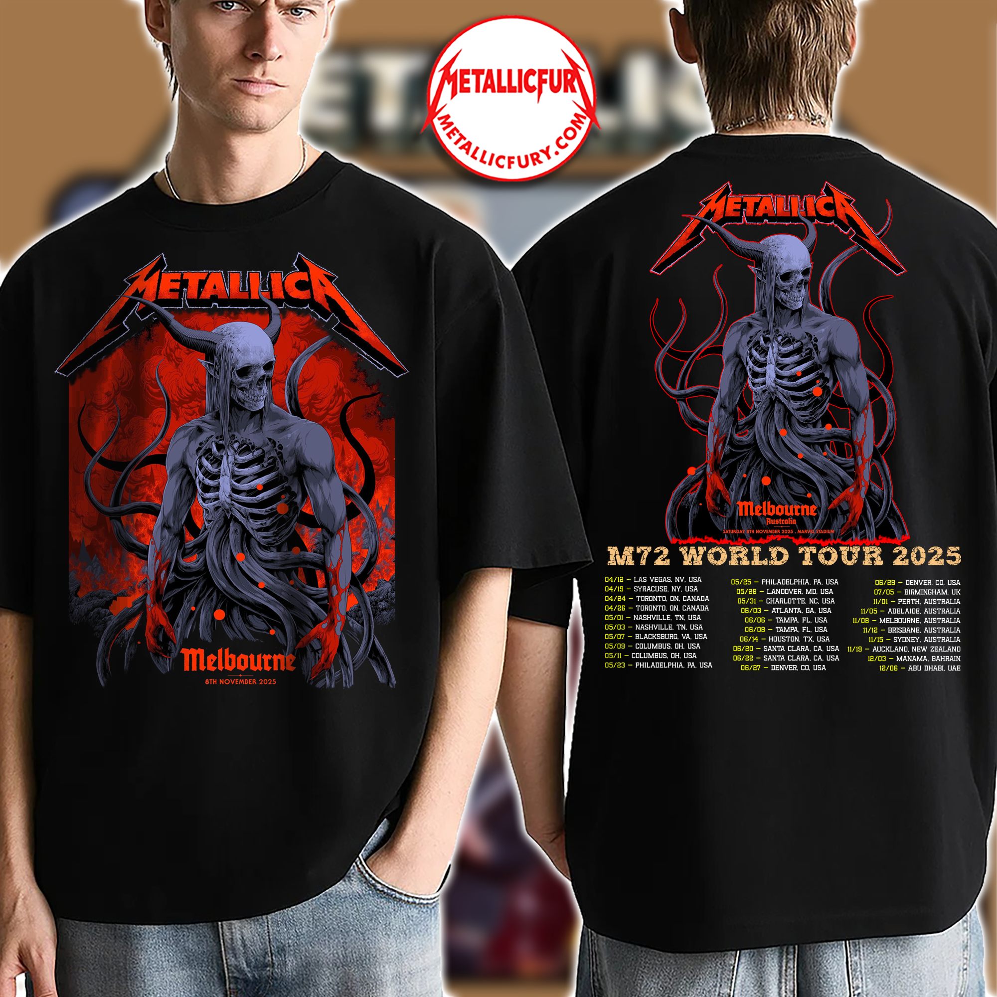 Metallica M72 Tour 2025 Two-Sided T-Shirt – Melbourne, Australia – November 8, 2025 – Artwork by Ken Taylor – Marvel Stadium