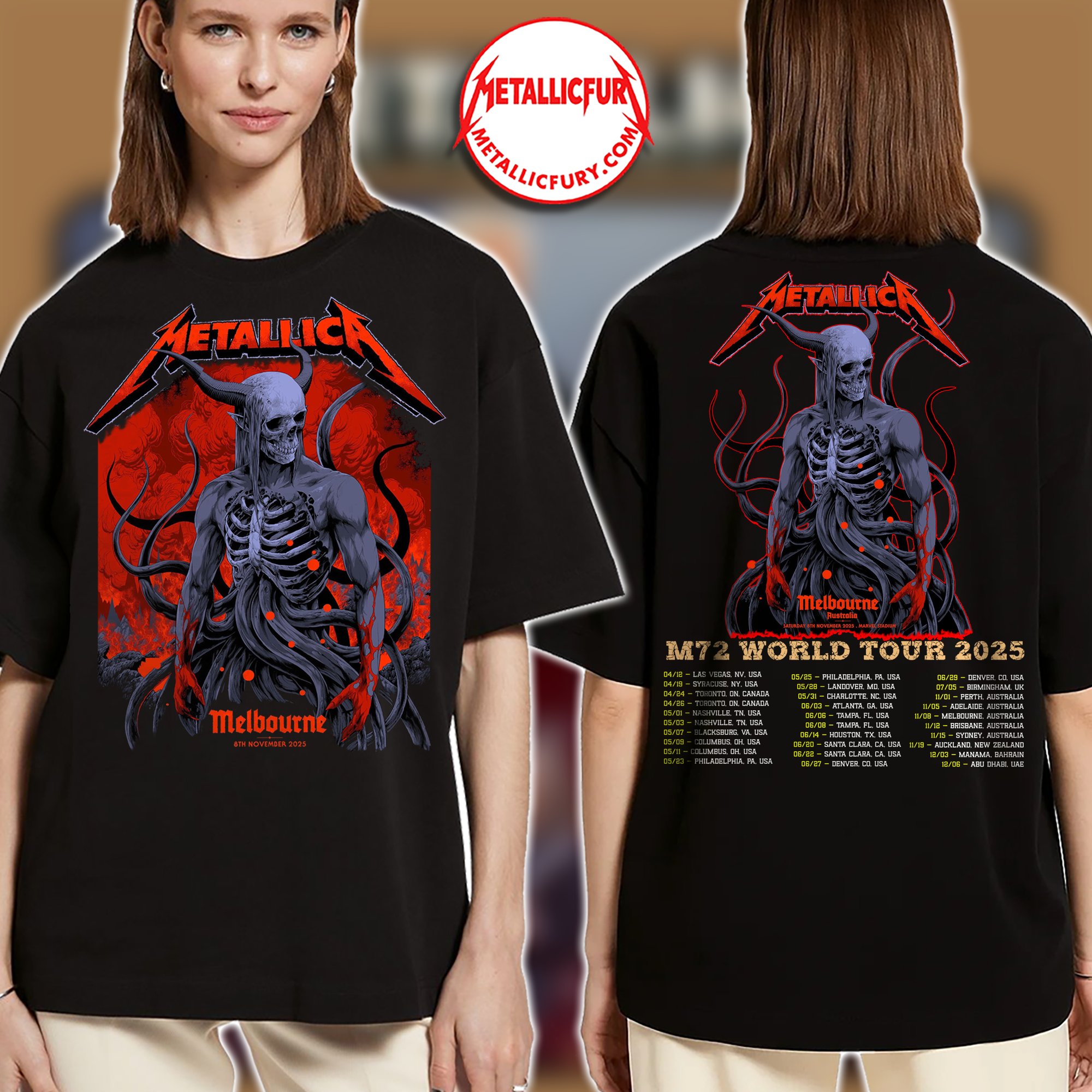 Metallica M72 Tour 2025 Two Sided T Shirt Melbourne Australia Artwork by Ken Taylor Marvel Stadium 2
