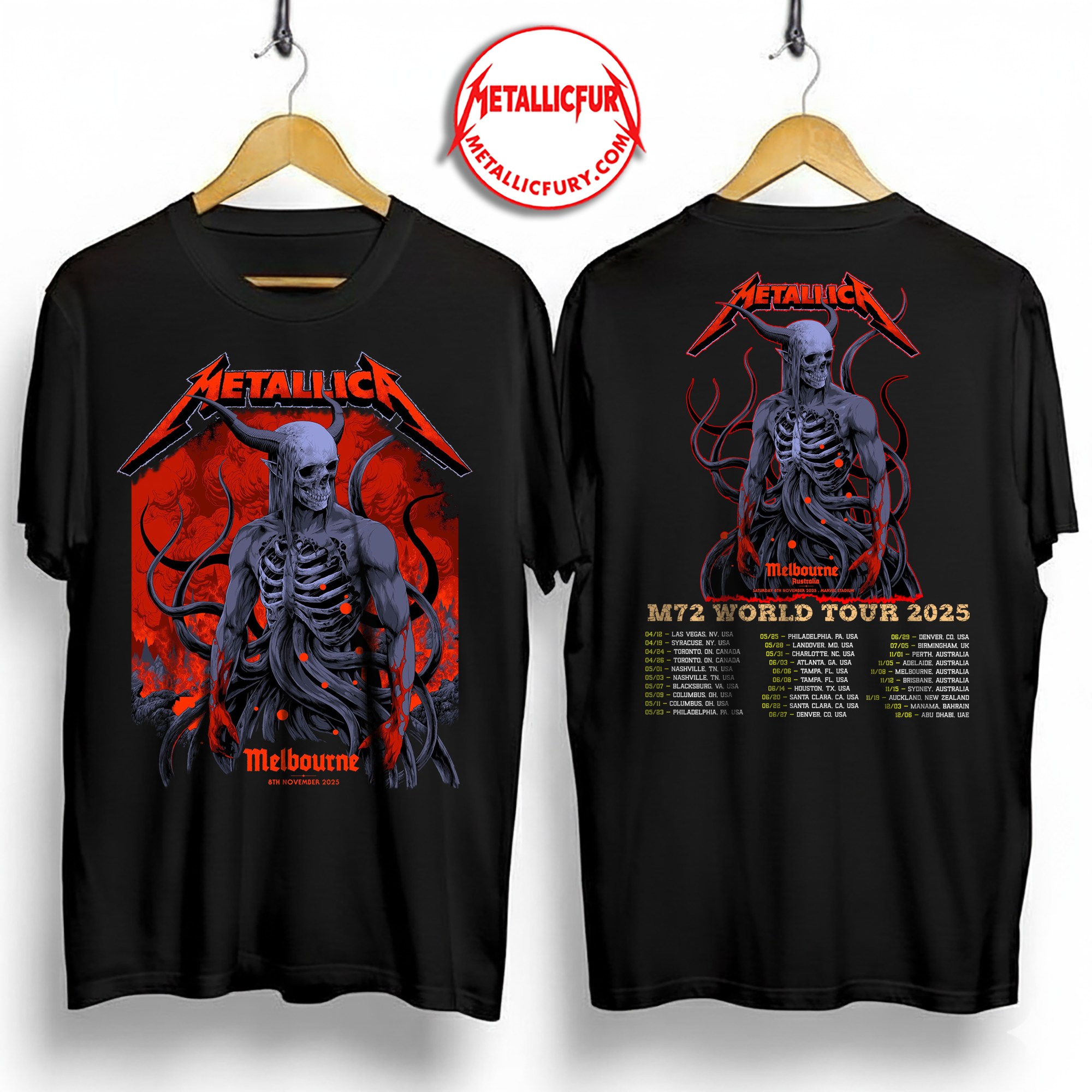 Metallica M72 Tour 2025 Two-Sided T-Shirt – Melbourne, Australia – November 8, 2025 – Artwork by Ken Taylor – Marvel Stadium