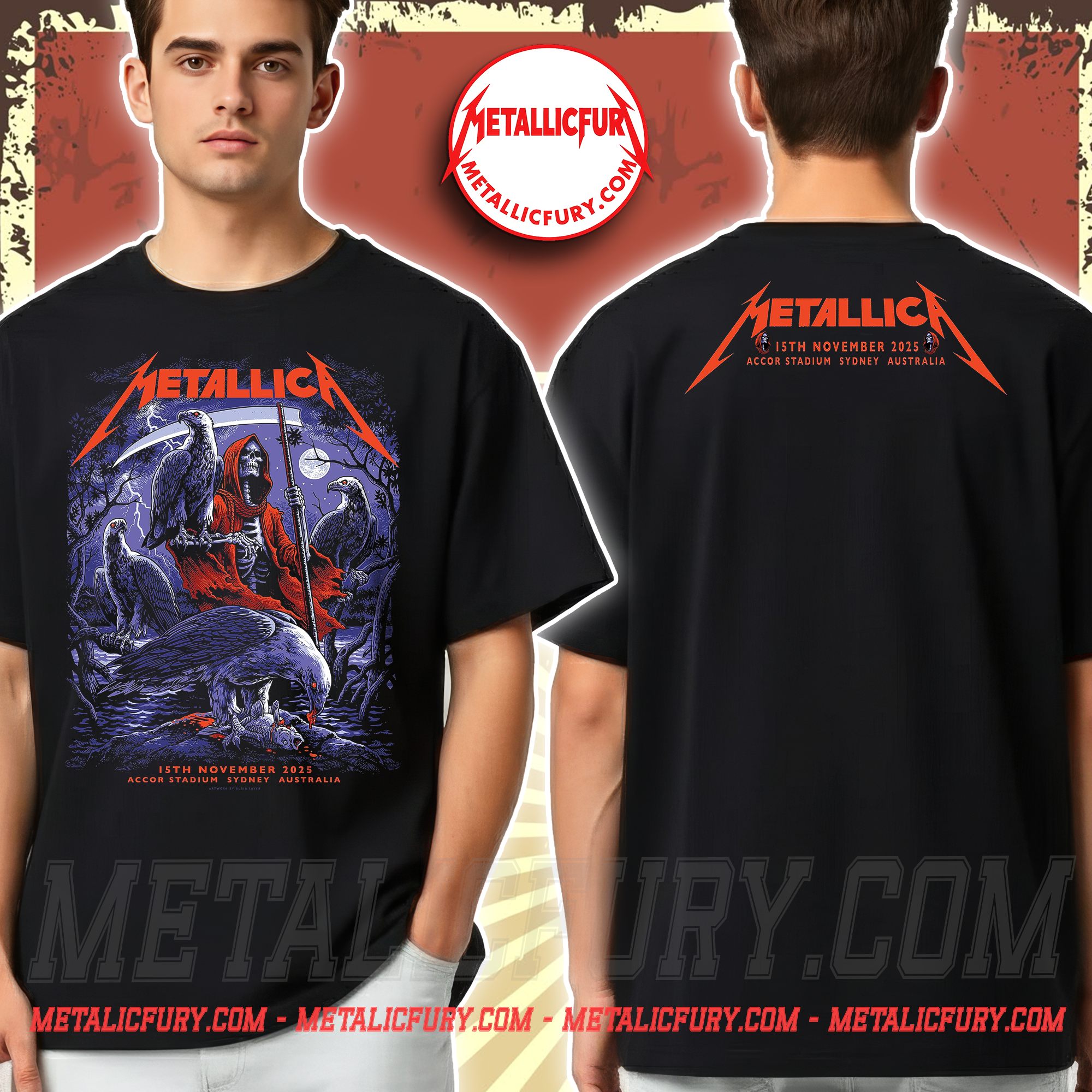 Metallica M72 Tour 2025 Two-Sided T-Shirt – Sydney, Australia – November 15, 2025 – Artwork by Blair Sayer – Accor Stadium