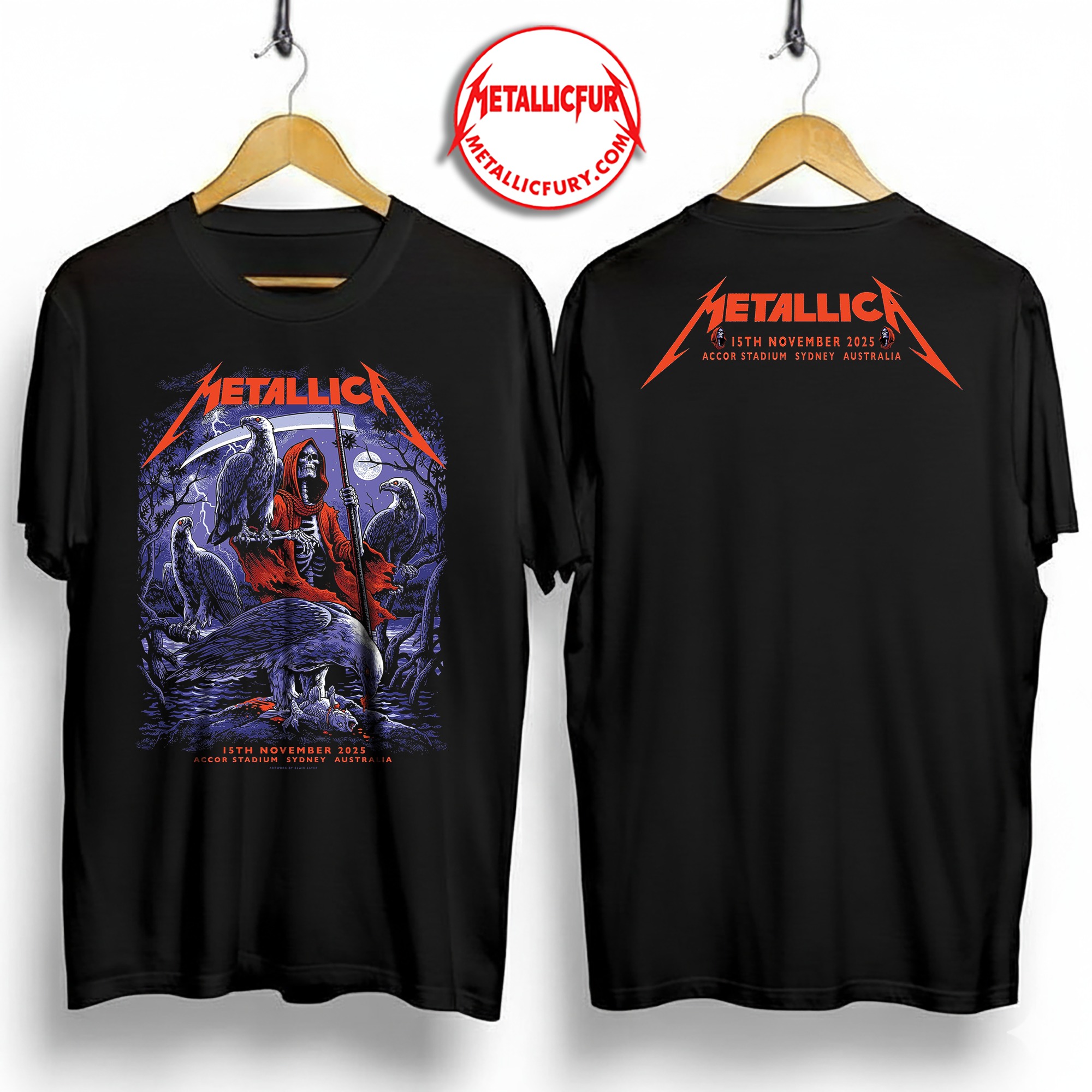Metallica M72 Tour 2025 Two-Sided T-Shirt – Sydney, Australia – November 15, 2025 – Artwork by Blair Sayer – Accor Stadium