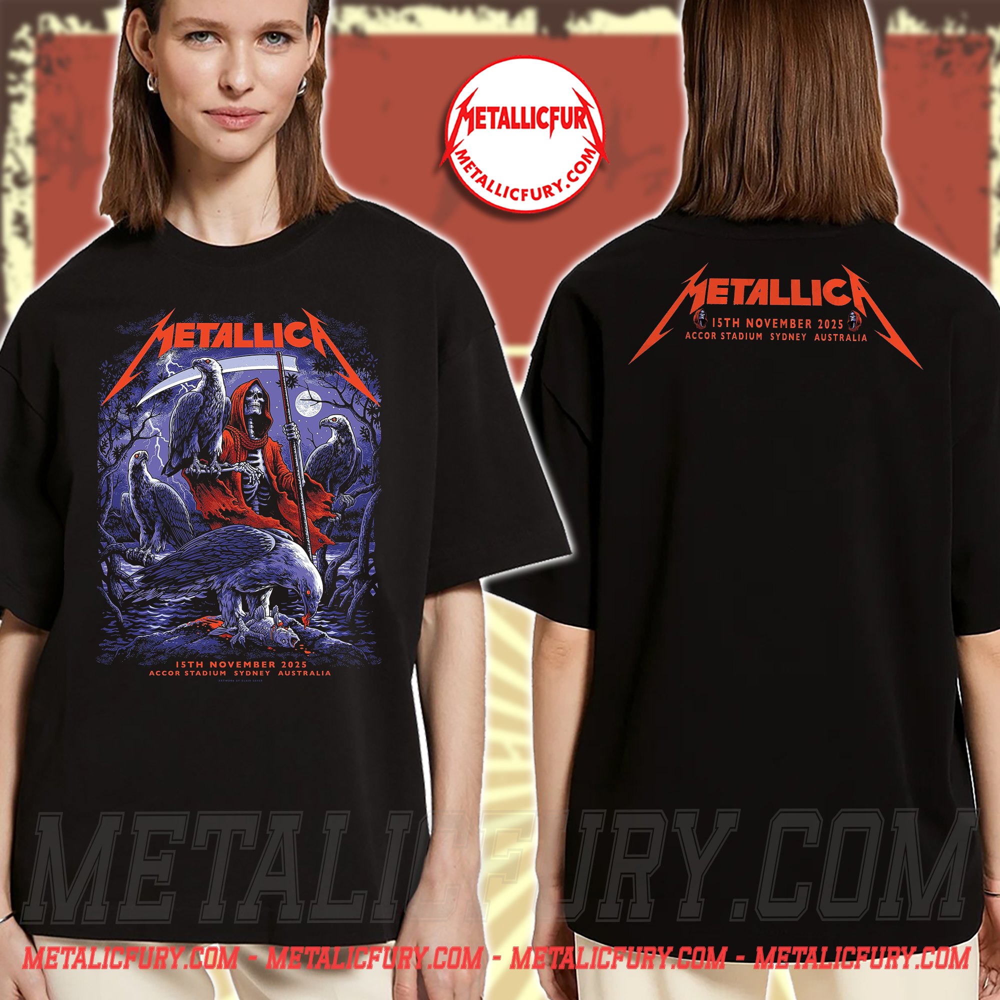 Metallica M72 Tour 2025 Two-Sided T-Shirt – Sydney, Australia – November 15, 2025 – Artwork by Blair Sayer – Accor Stadium