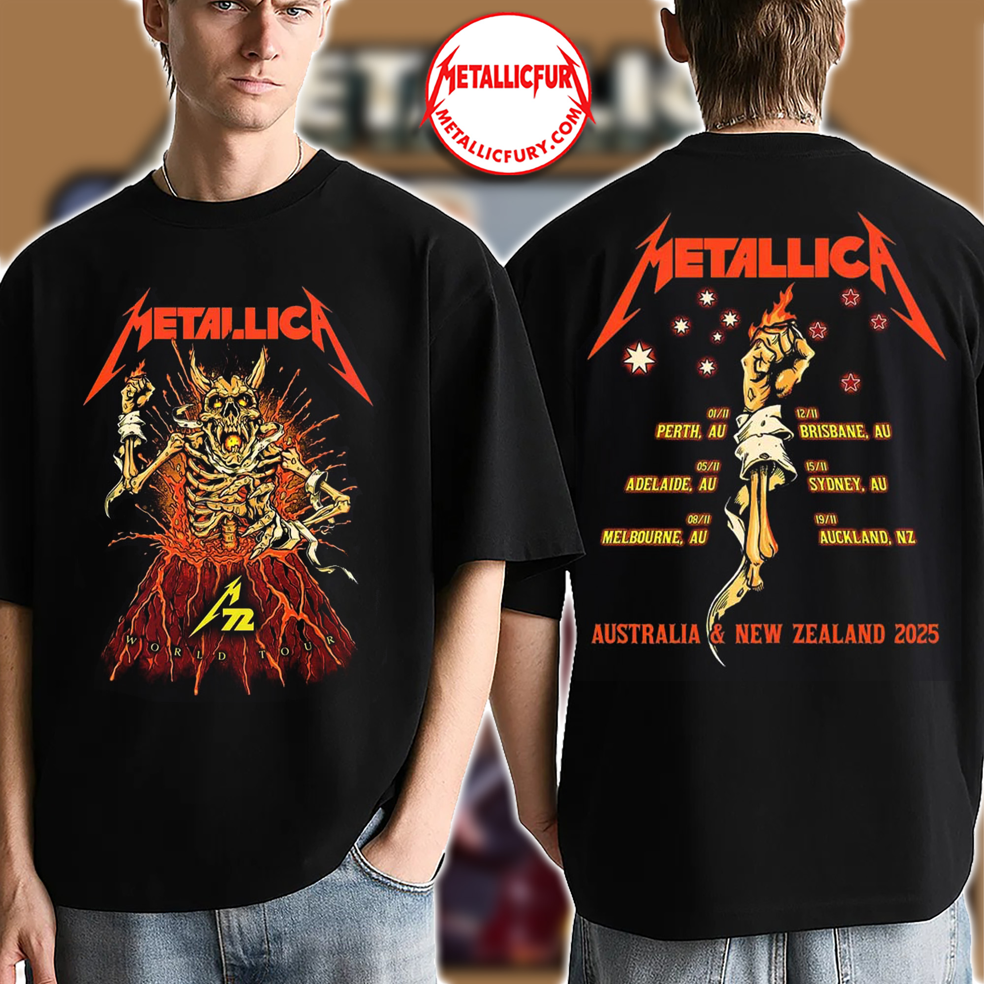 Metallica M72 World Tour Australia and New Zealand 2025 T Shirt Artwork by Puis Calzada with Tour Dates Backprint