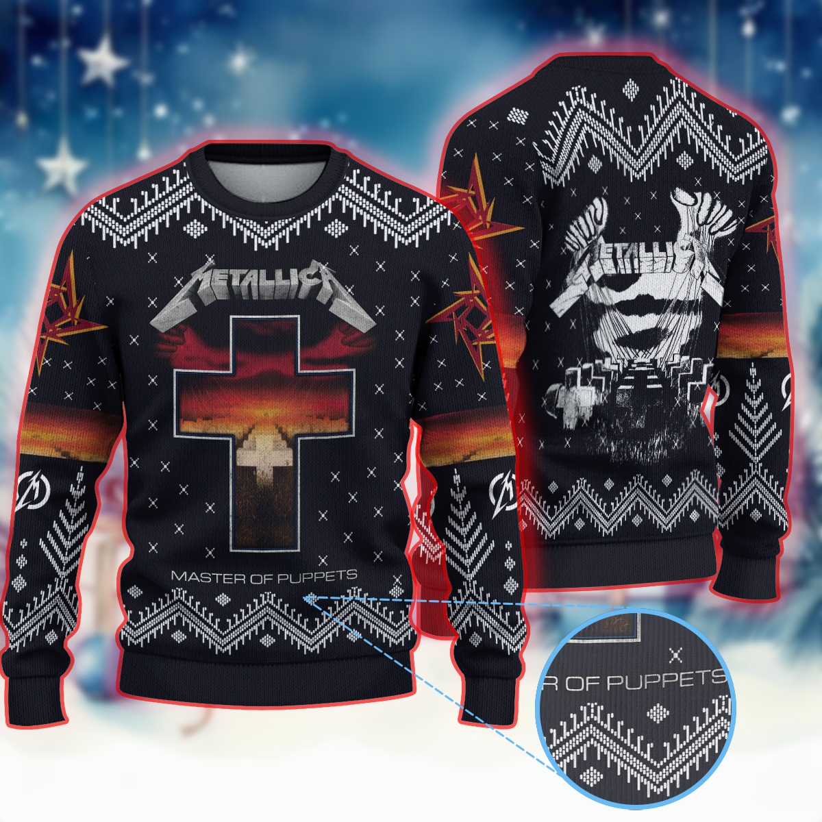 Metallica Master of Puppets Christmas Ugly Sweater Classic 1986 Album Artwork Holiday Knit Edition