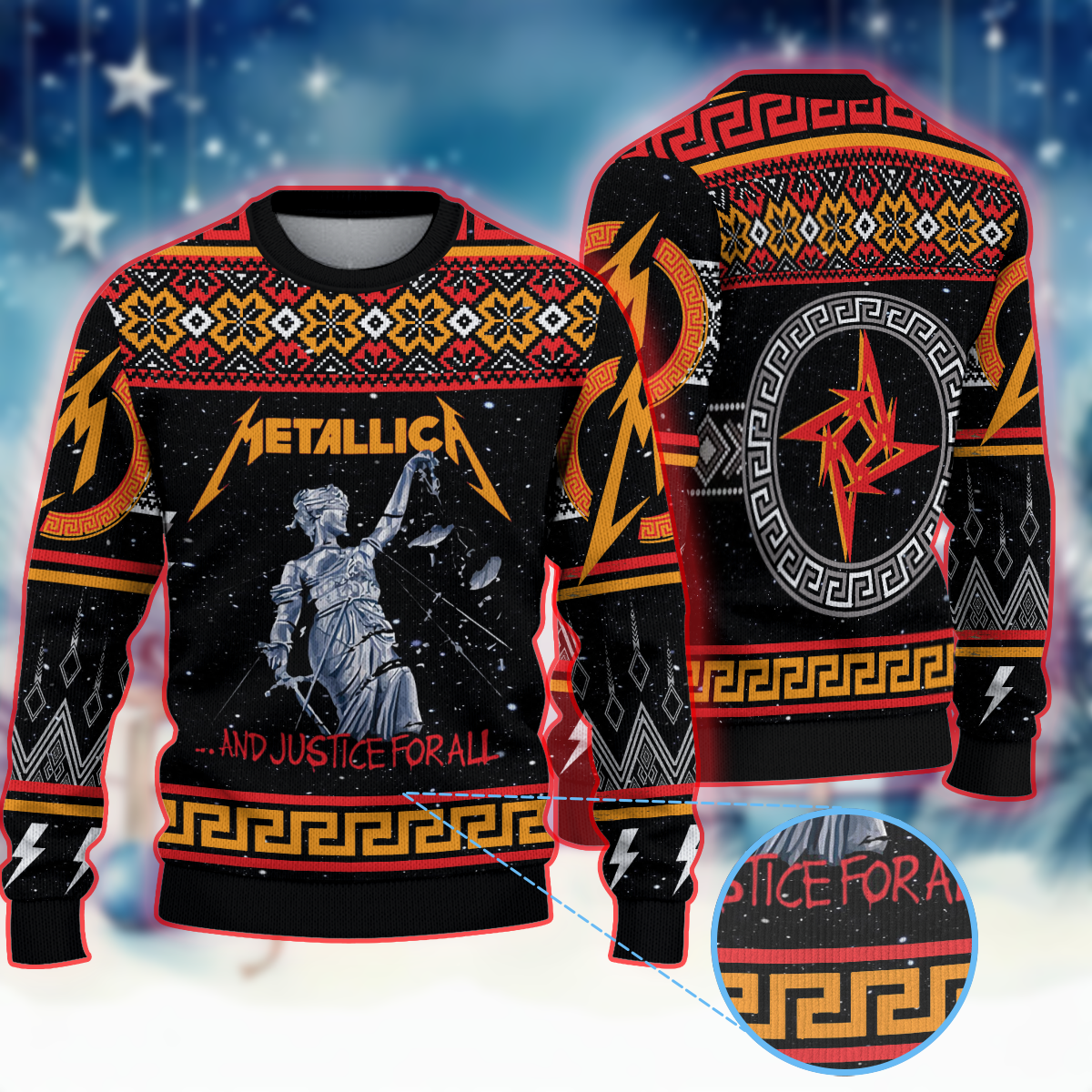 Metallica …And Justice for All Ugly Sweater Classic 1988 Lady Justice Artwork Holiday Knit Edition